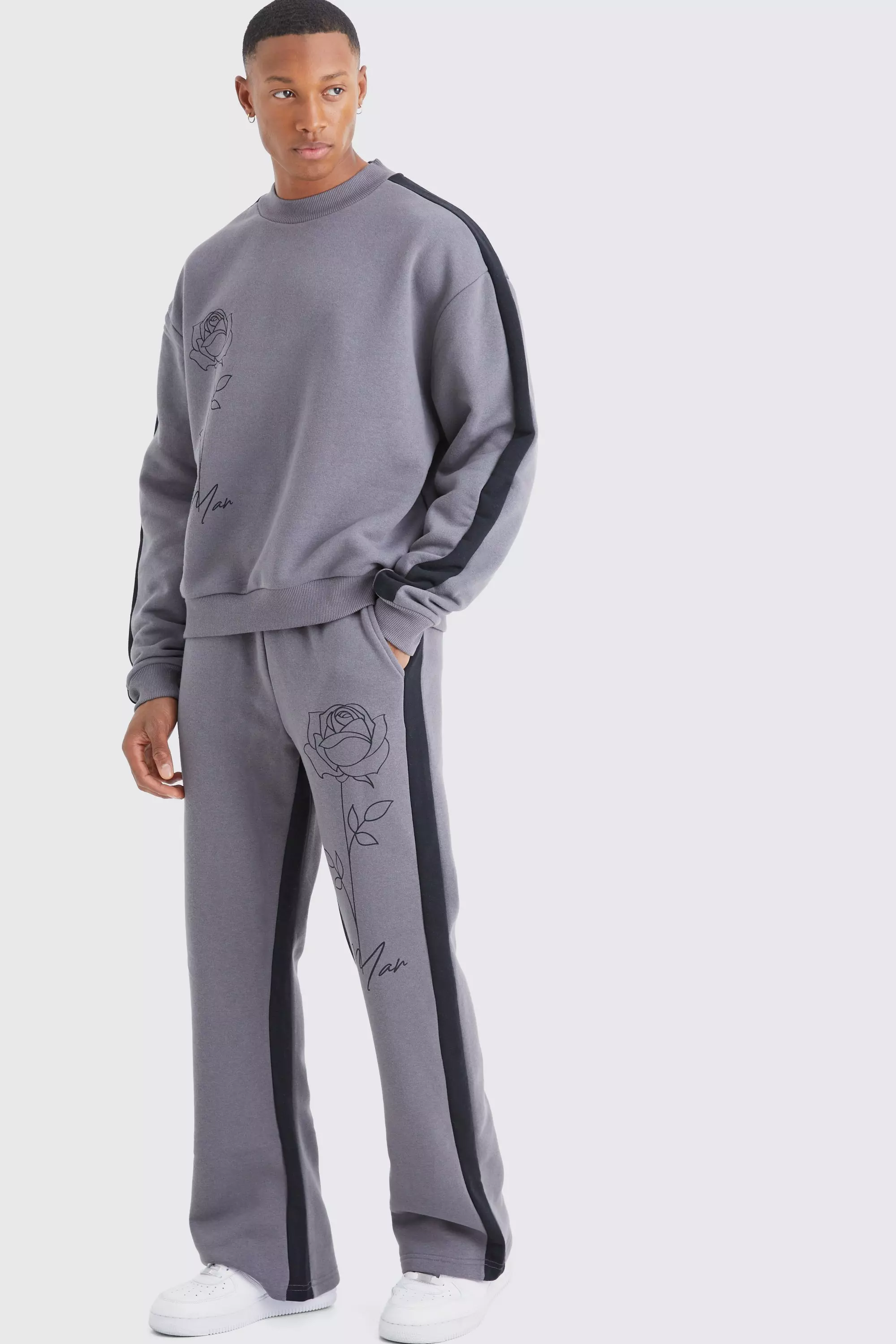 Man Rose Print Gusset Sweatshirt Tracksuit Charcoal