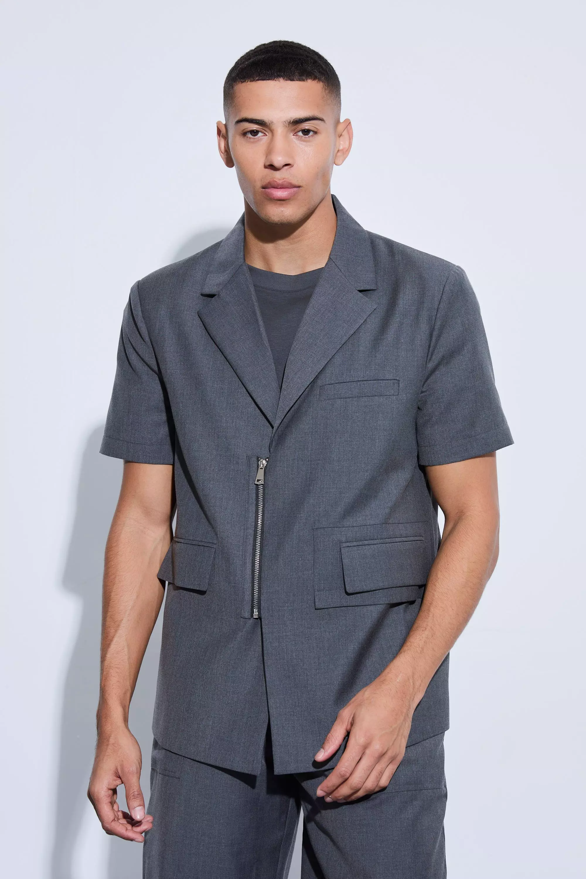 Boxy Zip Detail Short Sleeve Blazer Grey