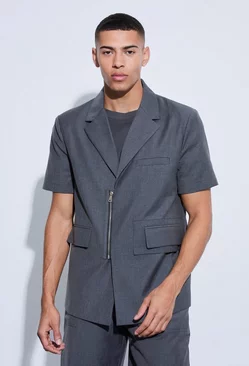 Grey Boxy Zip Detail Short Sleeve Blazer
