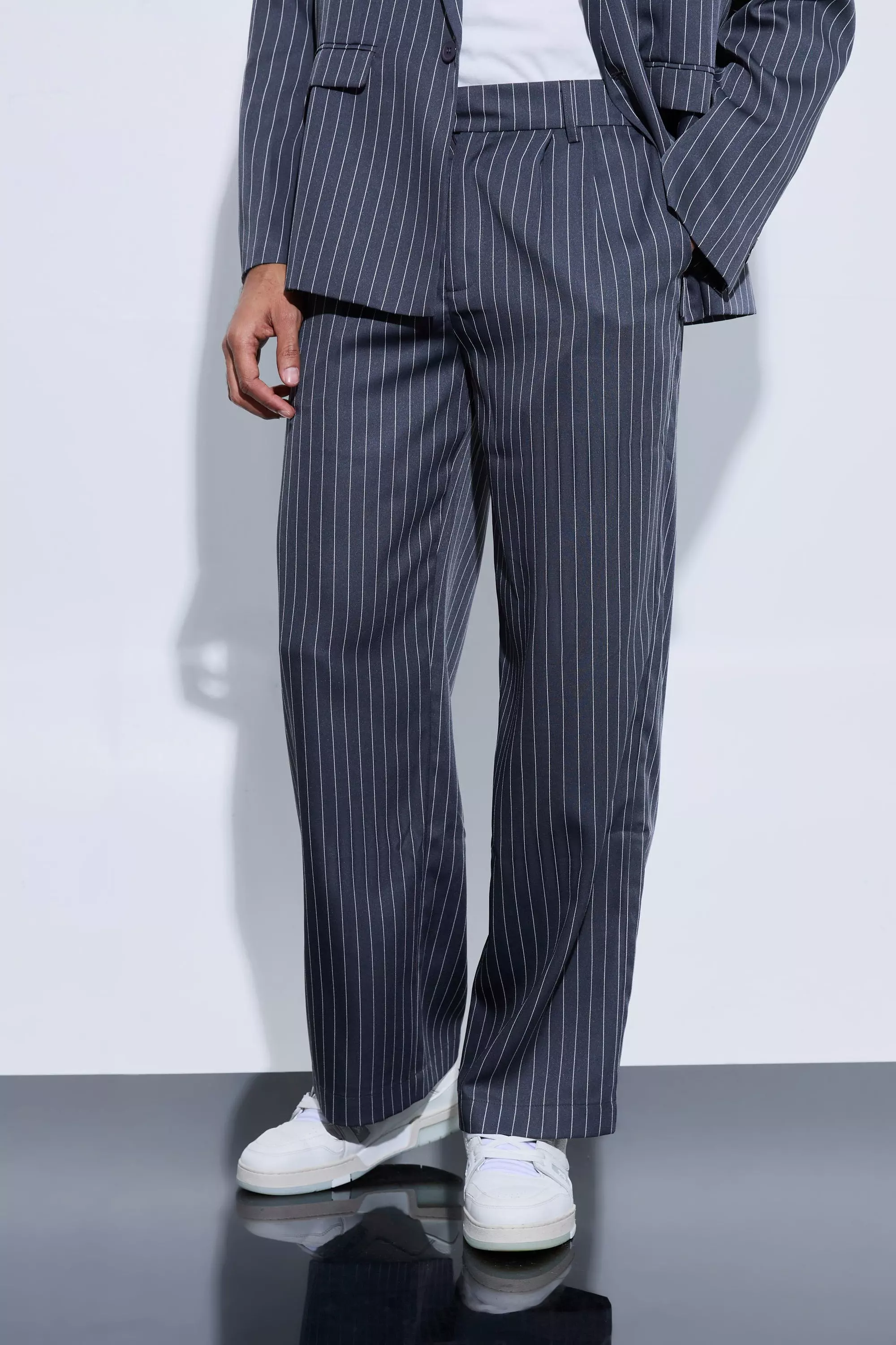 Charcoal Grey Pinstripe Relaxed Wide Leg Suit Trousers