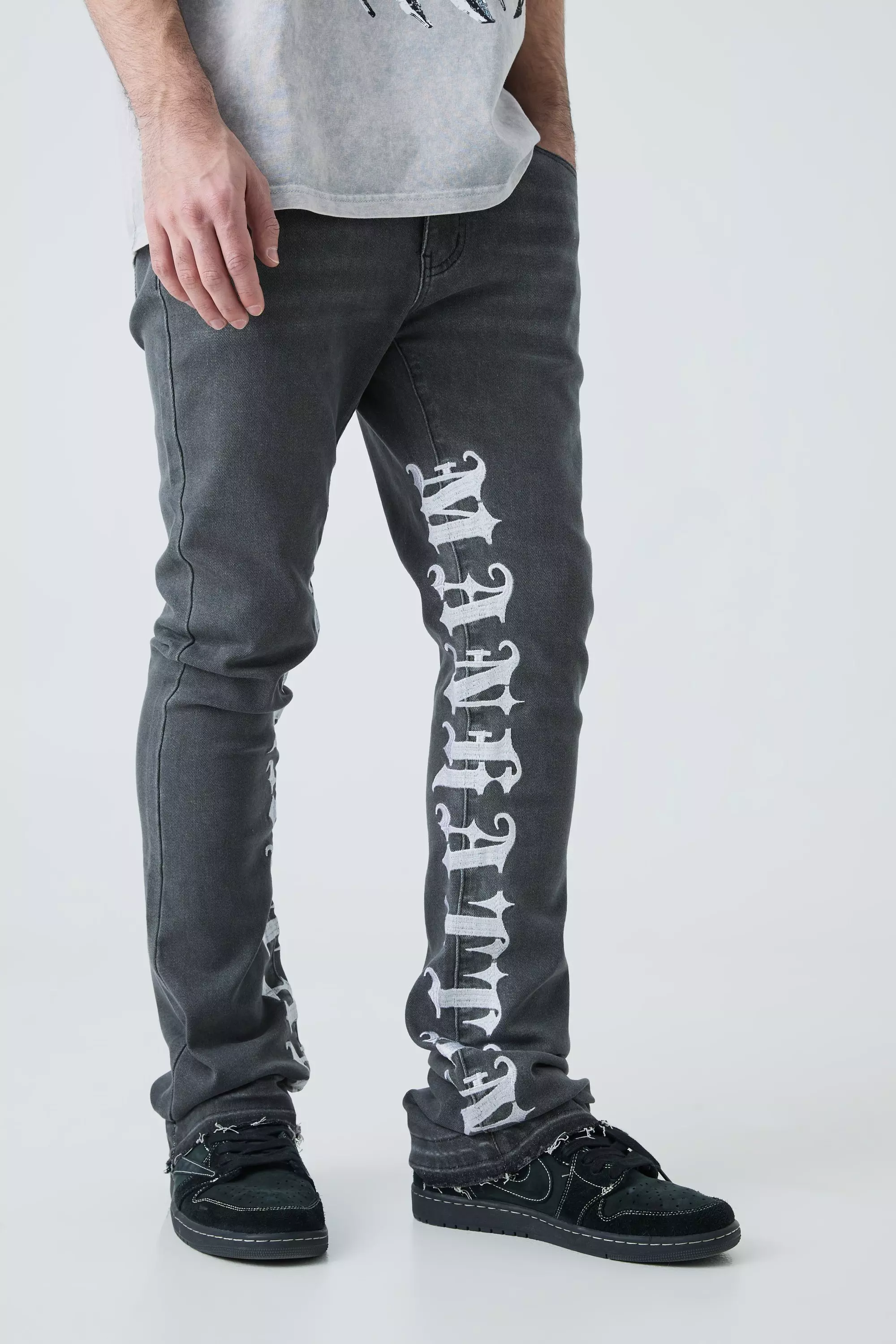 Grey Skinny Stretch Stacked Embroidered Gusset Jeans