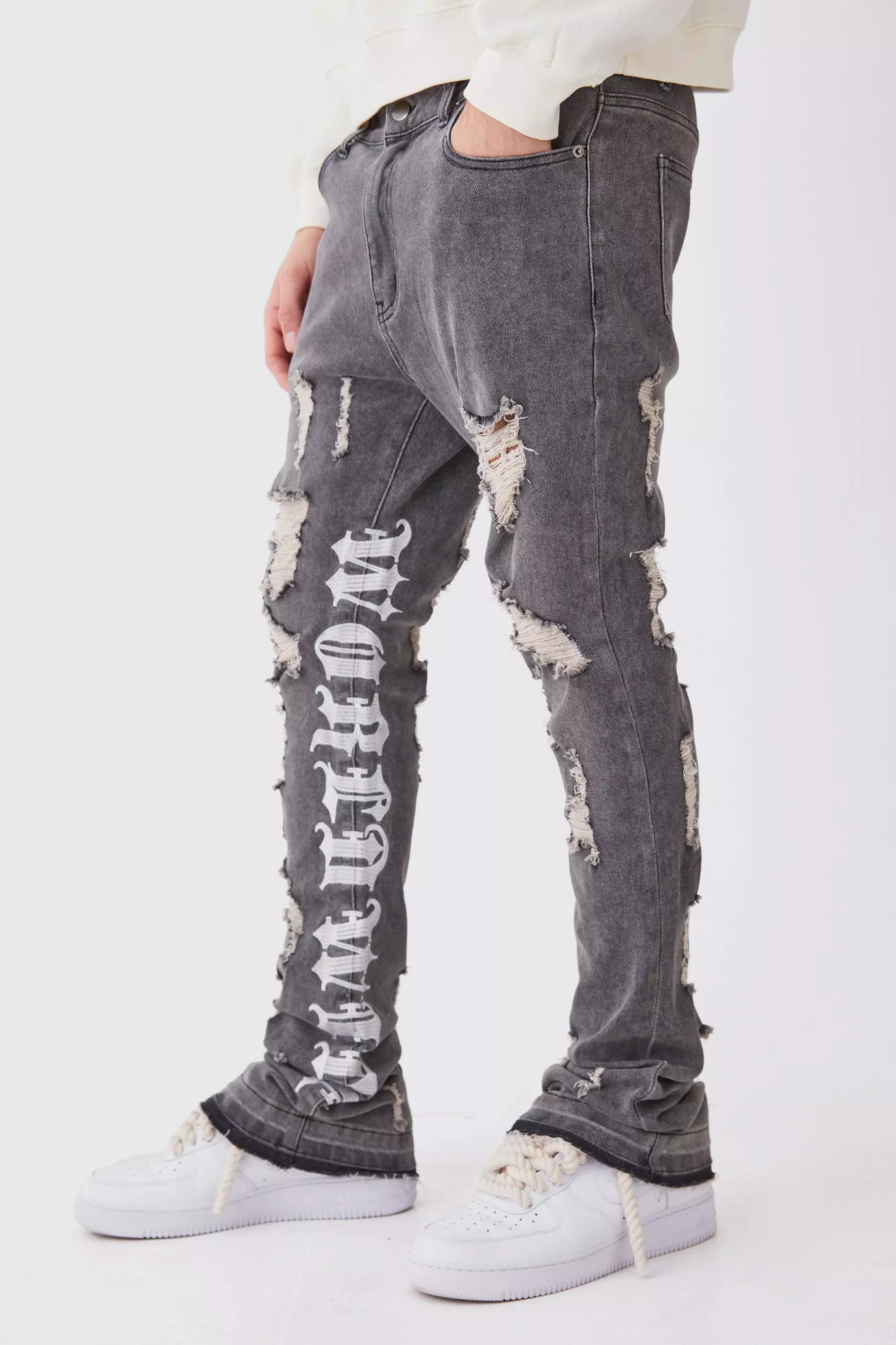 Skinny Stretch Stacked Distressed Embroidered Gusset Jeans | boohooMAN USA