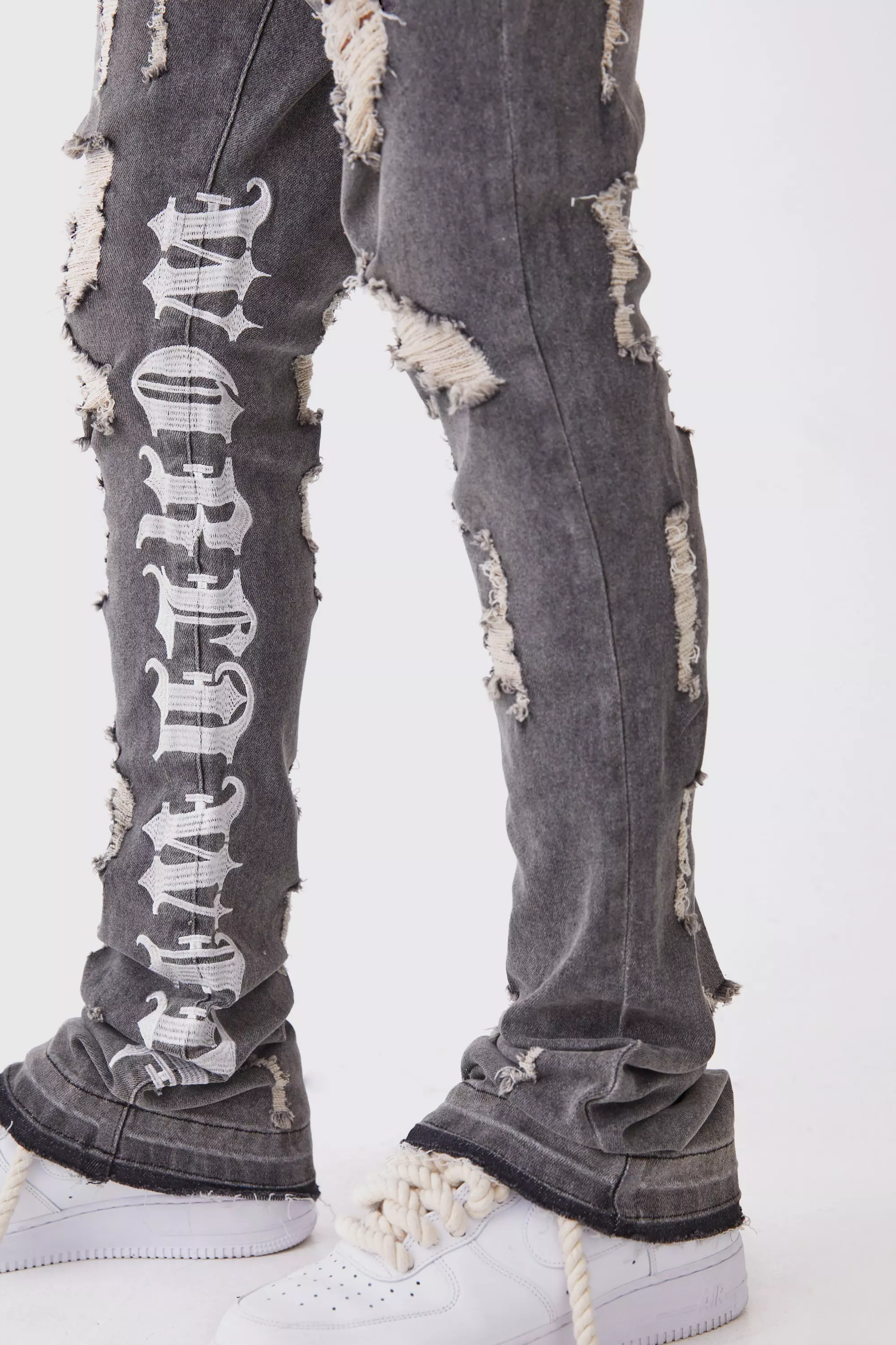 Skinny Stretch Stacked Distressed Embroidered Gusset Jeans | boohooMAN USA