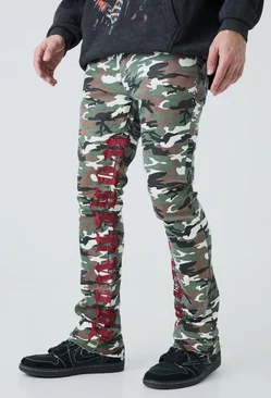 Skinny Stretch Stacked Camo Embroidered Gusset Jeans Khaki