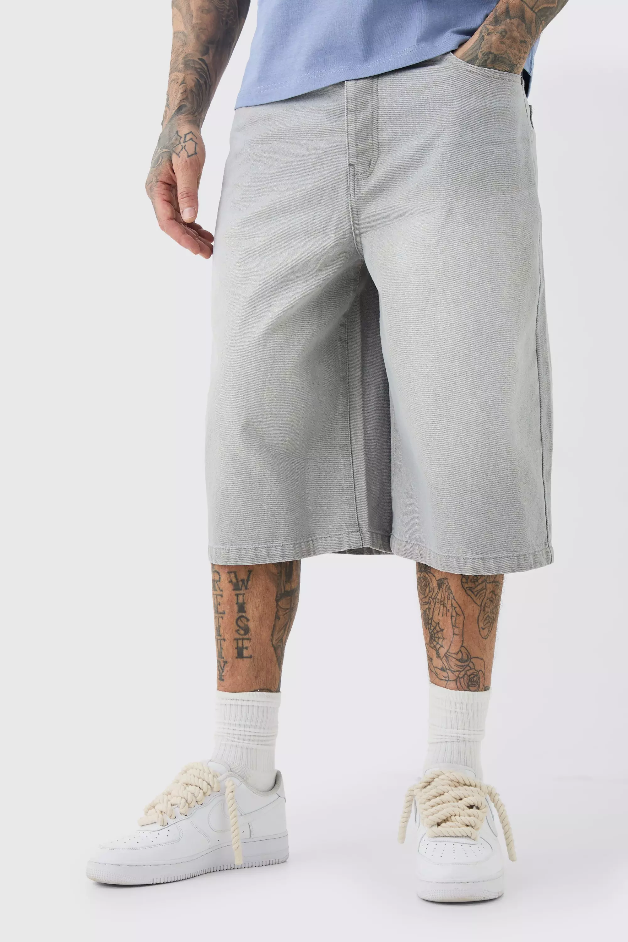 Grey Tall Long Line Denim Jorts In Grey Wash