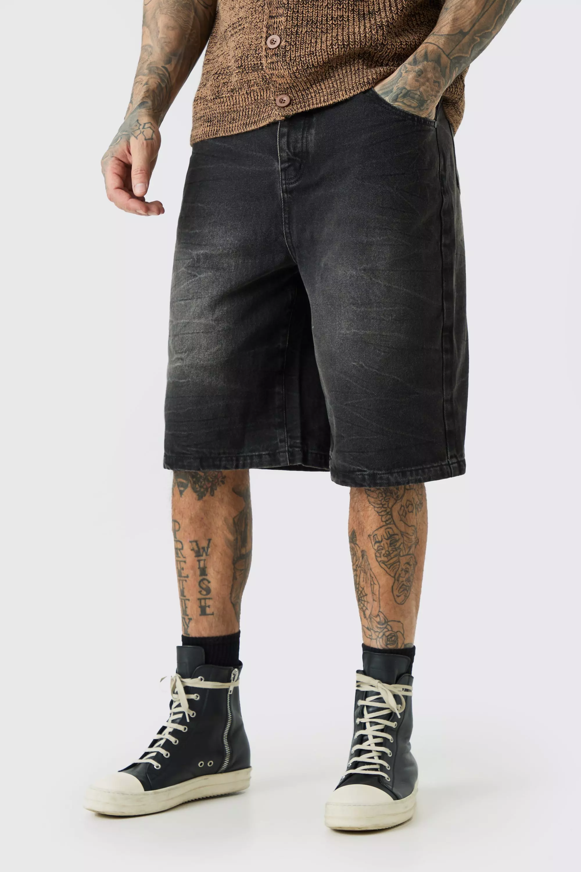 Grey Tall Denim Jorts In Washed Black