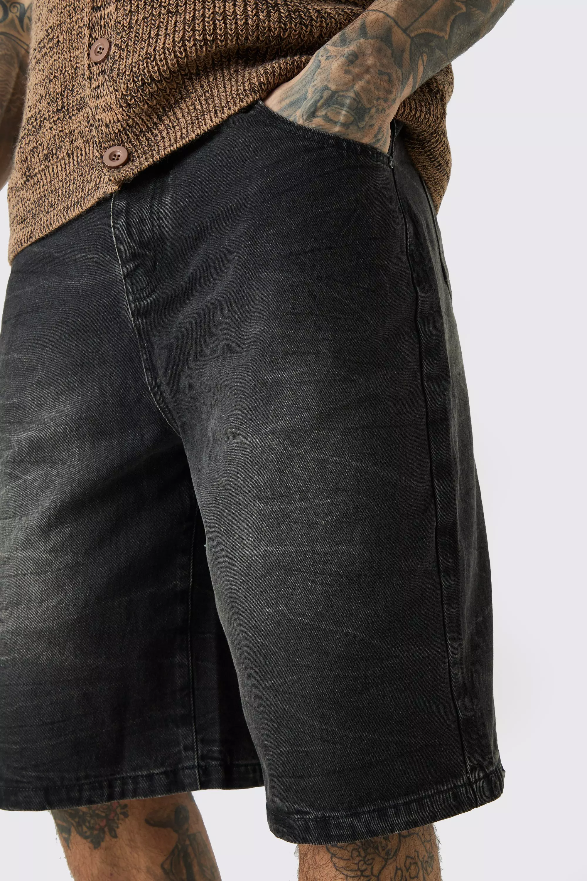 Tall Denim Jorts In Washed Black | boohooMAN USA