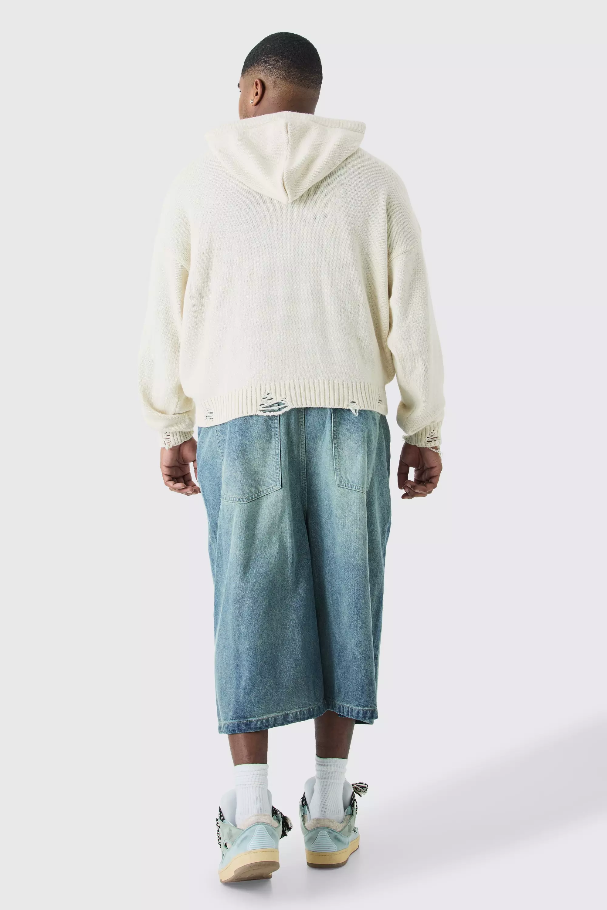 Plus Long Line Denim Jorts In Antique Blue Wash | boohooMAN USA