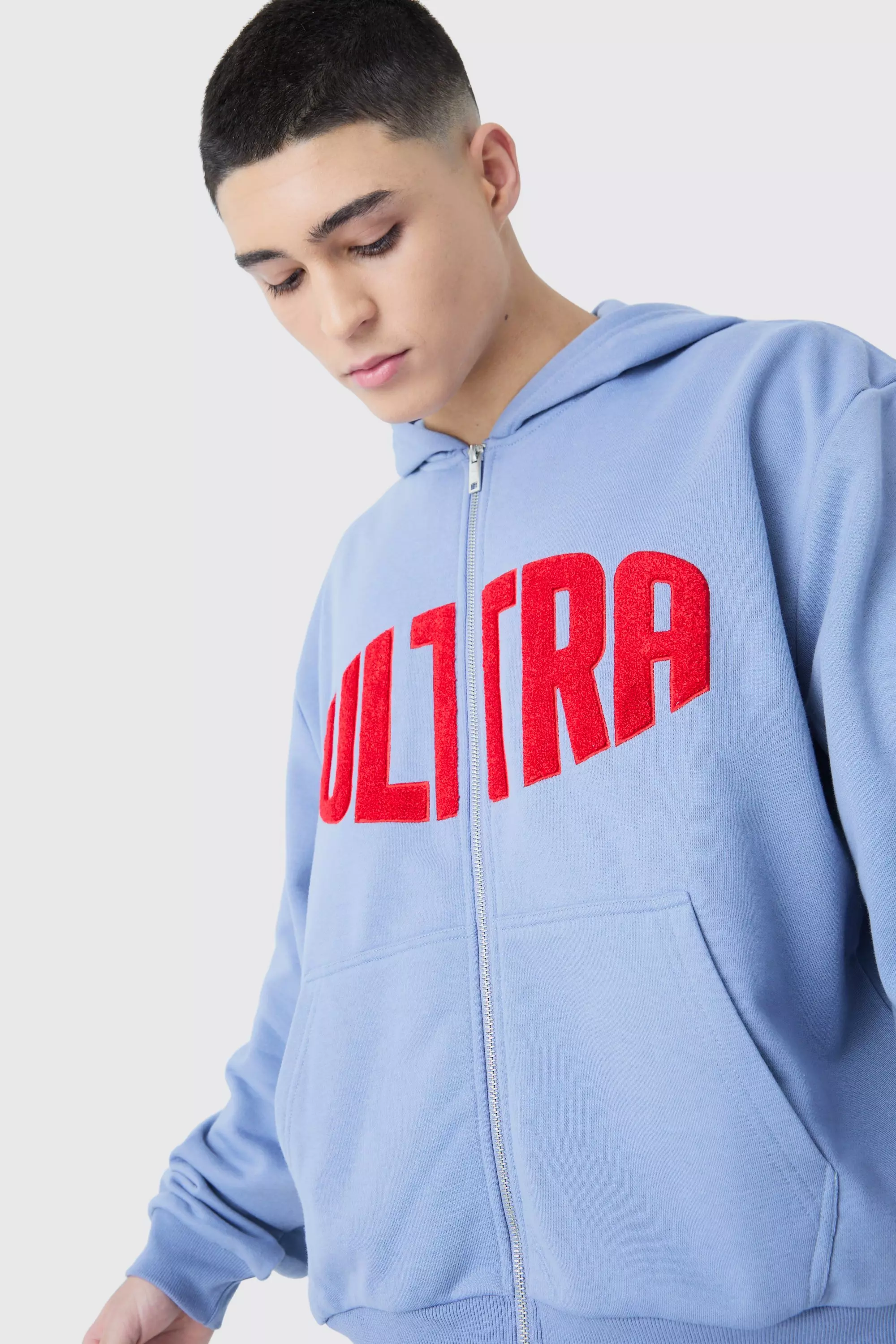 Slate blue Oversized Boxy Zip Thru Borg Applique Hoodie alternative image