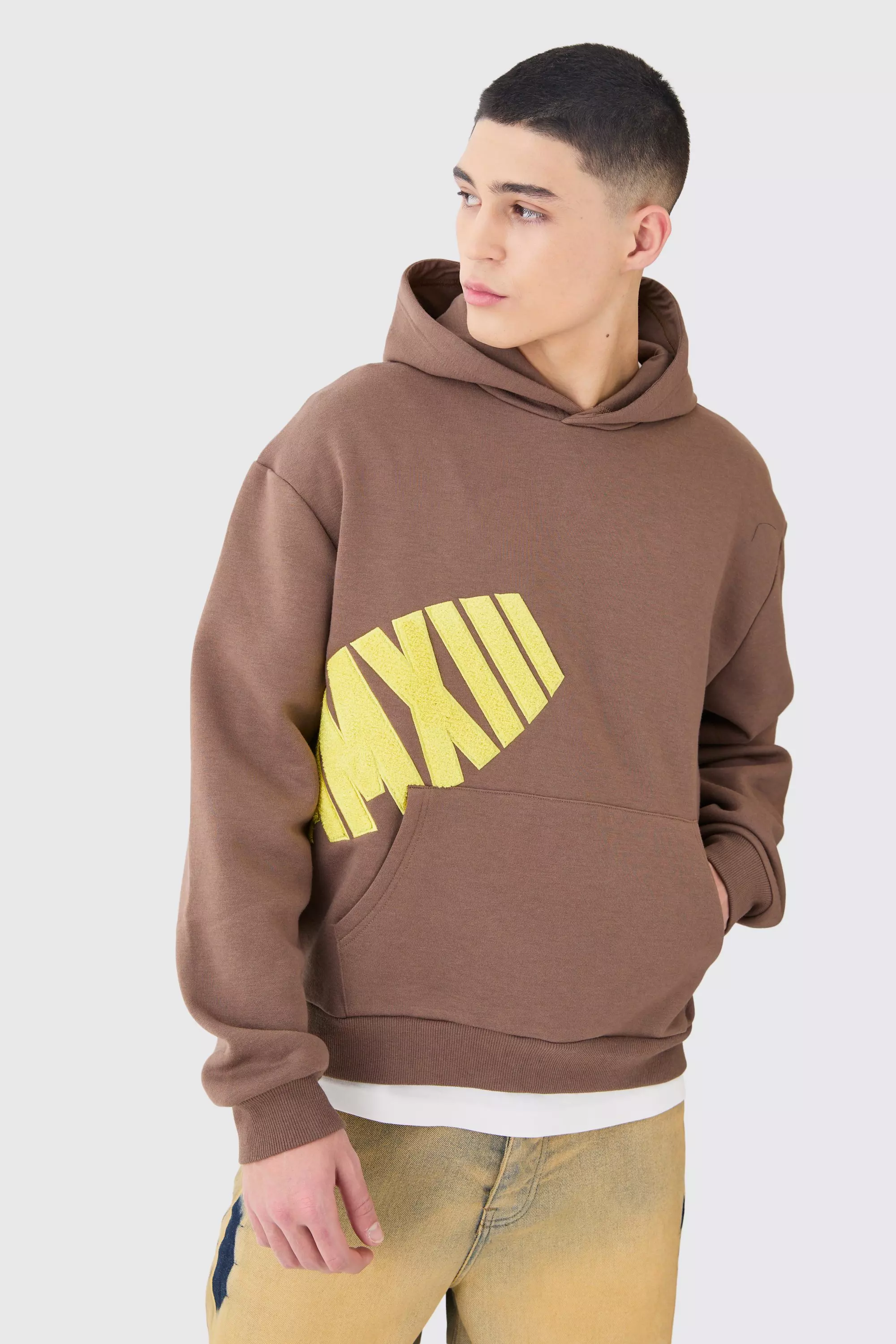 Chocolate Brown Oversized Boxy Borg Applique Hoodie