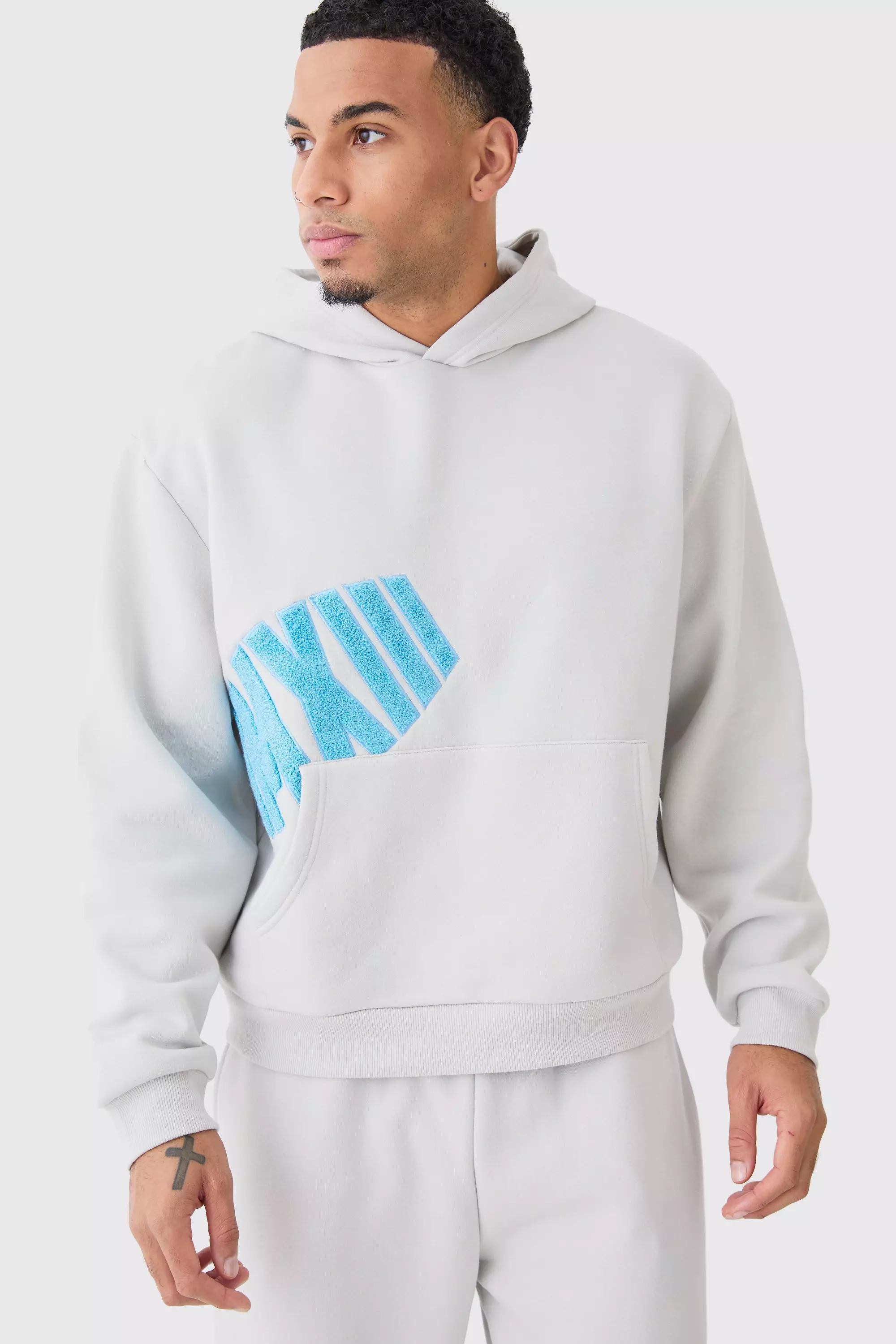 Oversized Boxy Borg Applique Hoodie Light grey