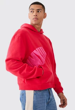Red Oversized Boxy Borg Applique Hoodie
