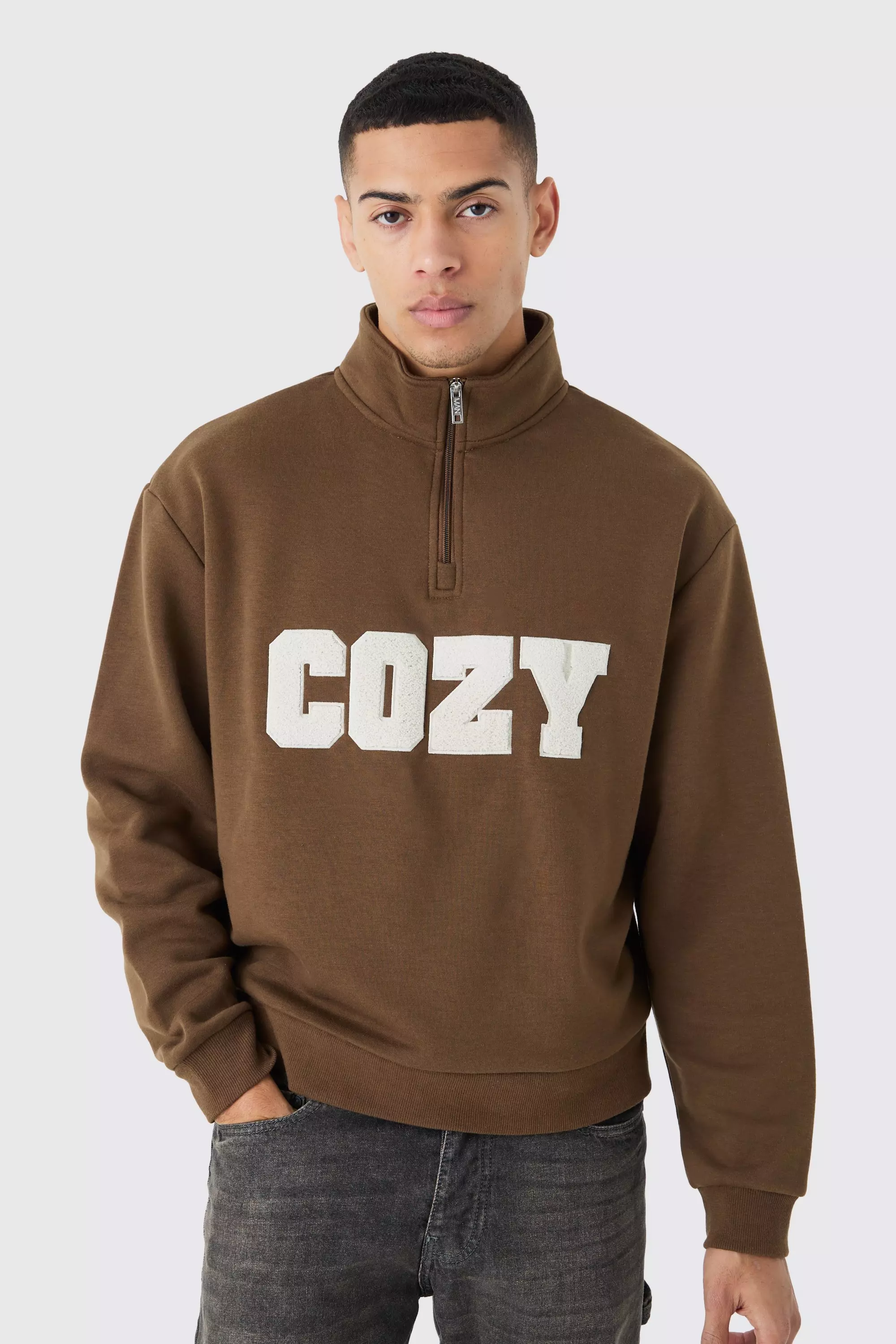Chocolate Brown Oversized Boxy 1/4 Zip Borg Applique Sweatshirt