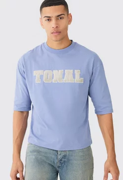Boxy Half Sleeve Borg Applique T-shirt slate blue