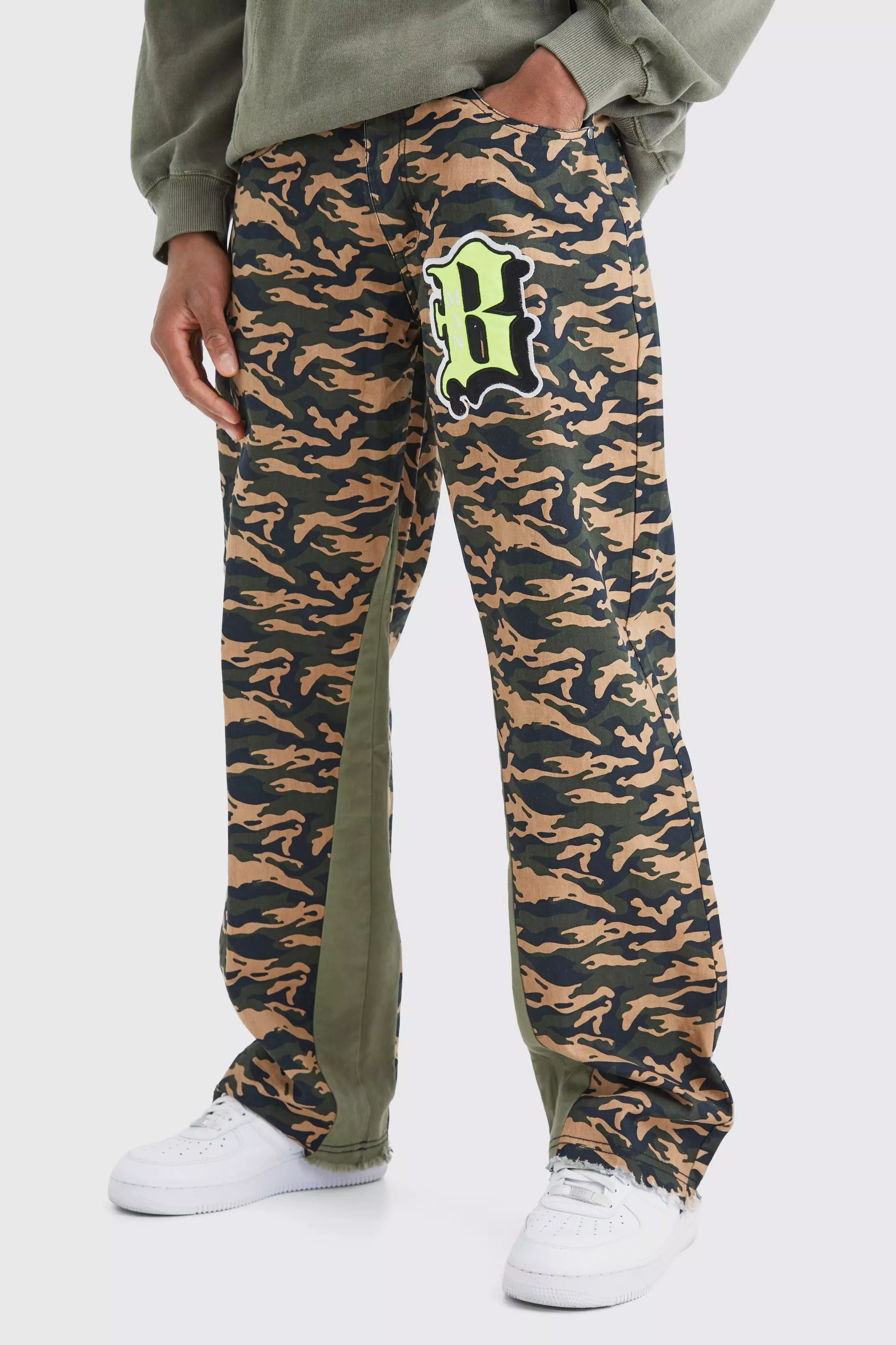 Camo Gusset Detail Applique Flared Pants Khaki