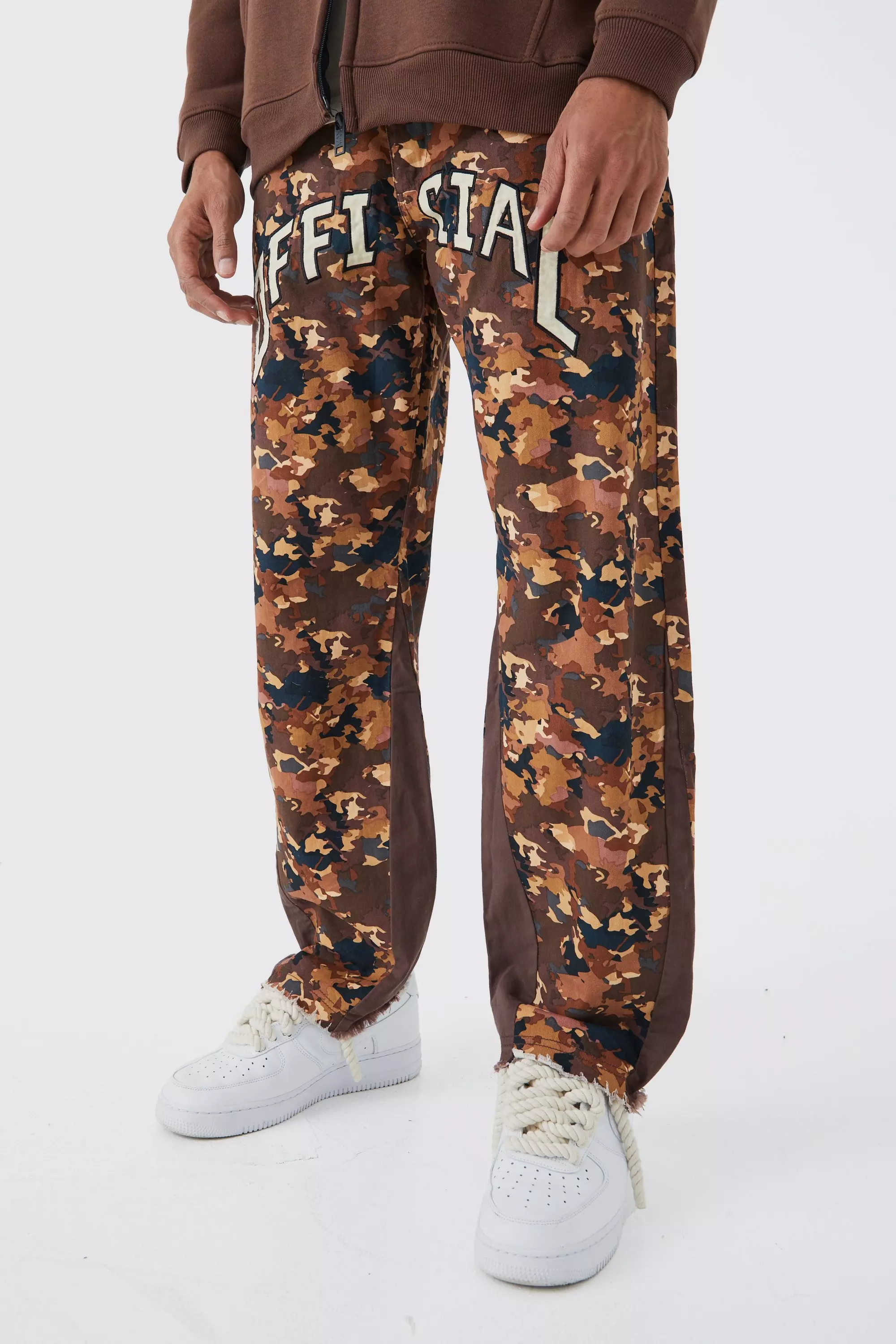 Tan Brown Camo Gusset Detail Official Applique Flared Trousers