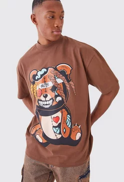 Oversized Angry Teddy Extended Neck T-shirt Chocolate
