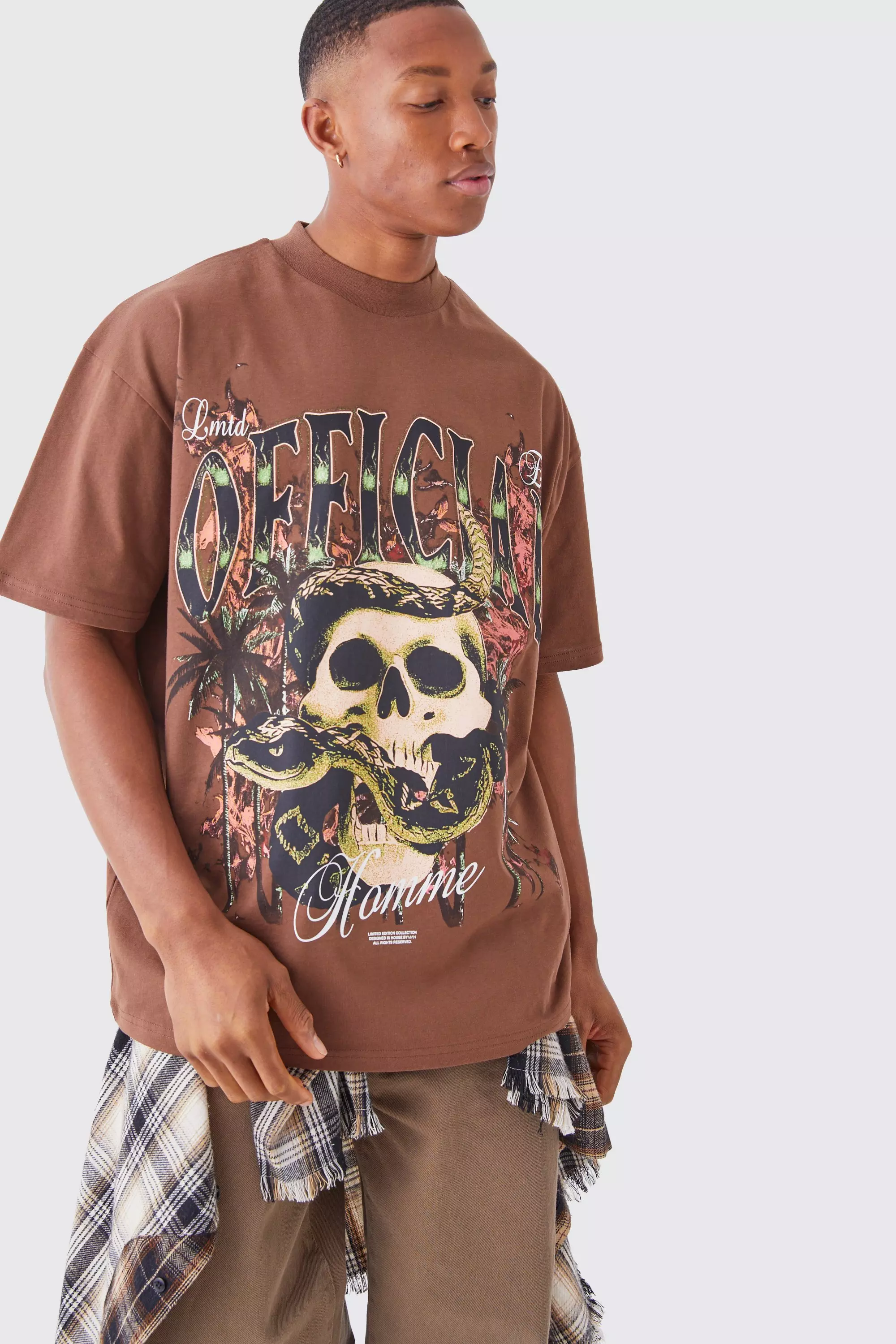Chocolate Brown Oversized Official Skull Extend Neck T-shirt