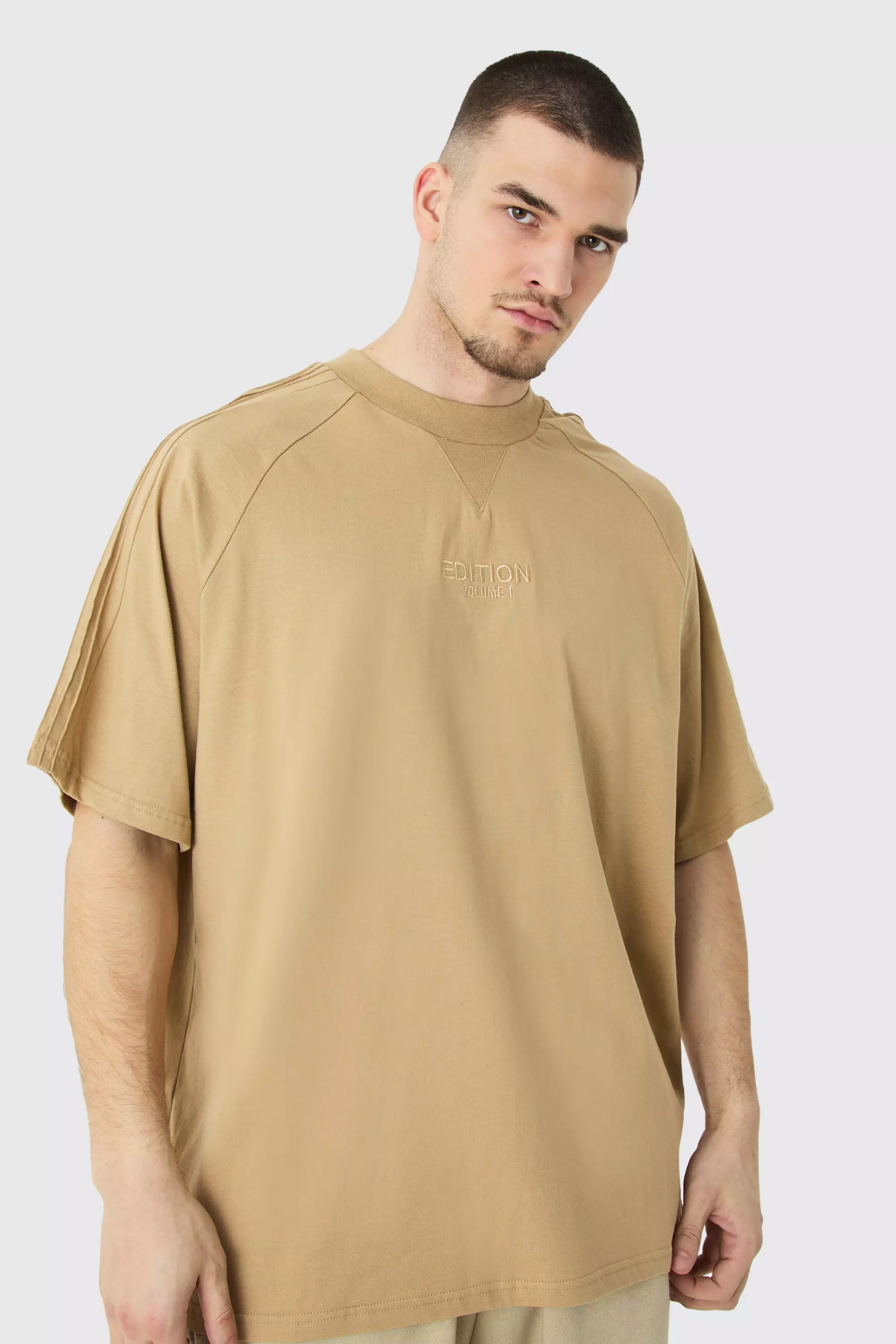Taupe Beige Tall Oversized Heavyweight Pin Tuck T-shirt