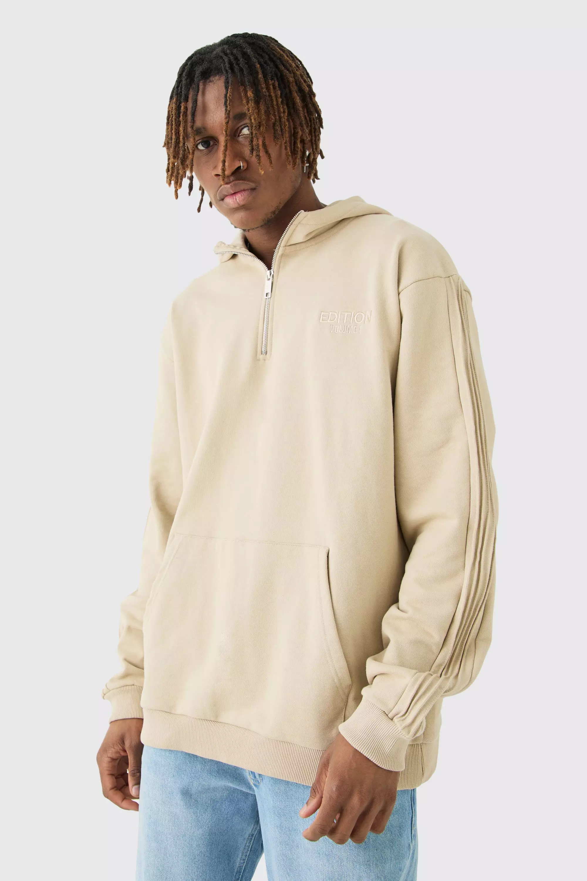 Tall EDITION Oversized Heavyweight 1/4 Zip Pintuck Hoodie Stone