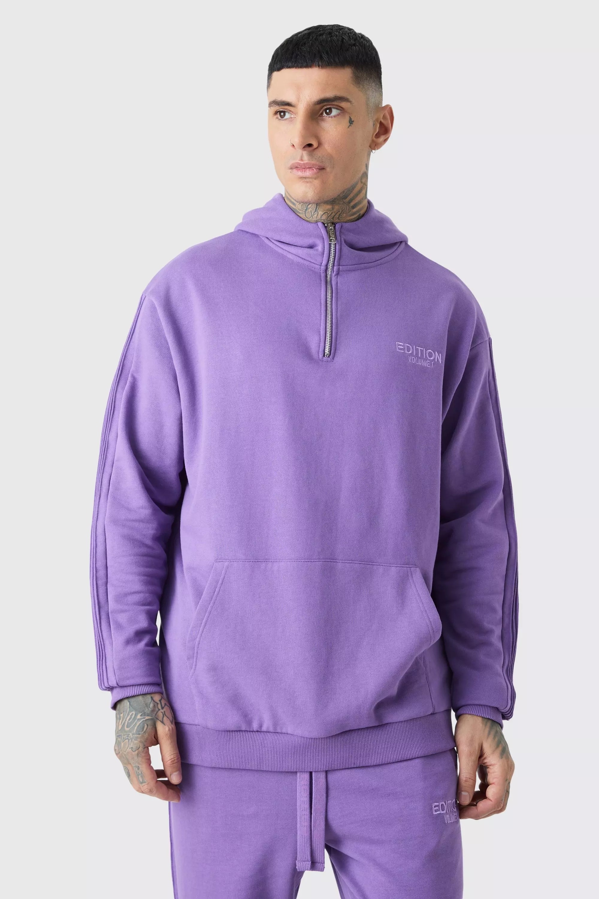 Tall EDITION Oversized Heavyweight 1/4 Zip Pintuck Hoodie Purple