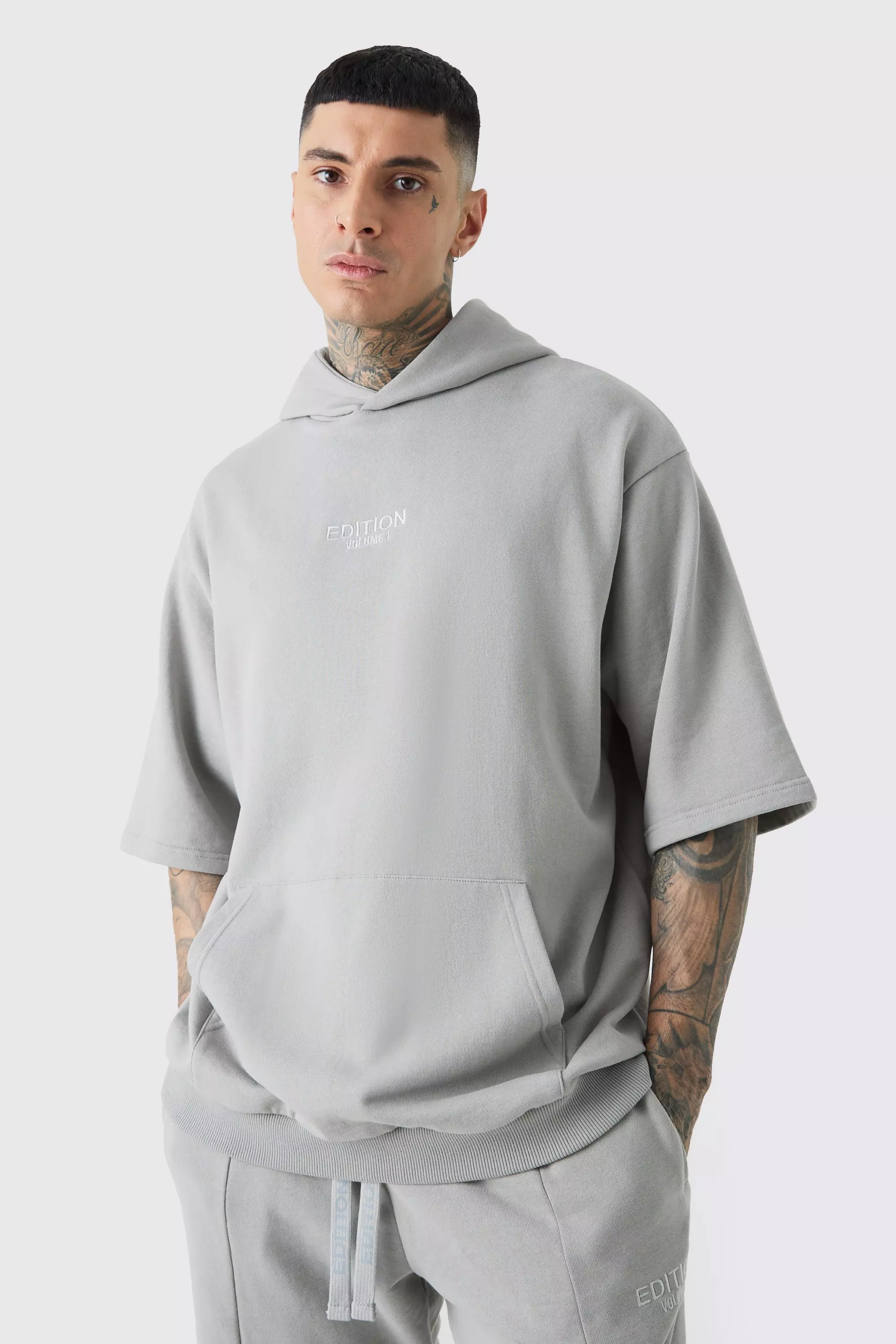 Tall Oversized Heavyweight Short Sleeve Hoodie Grey