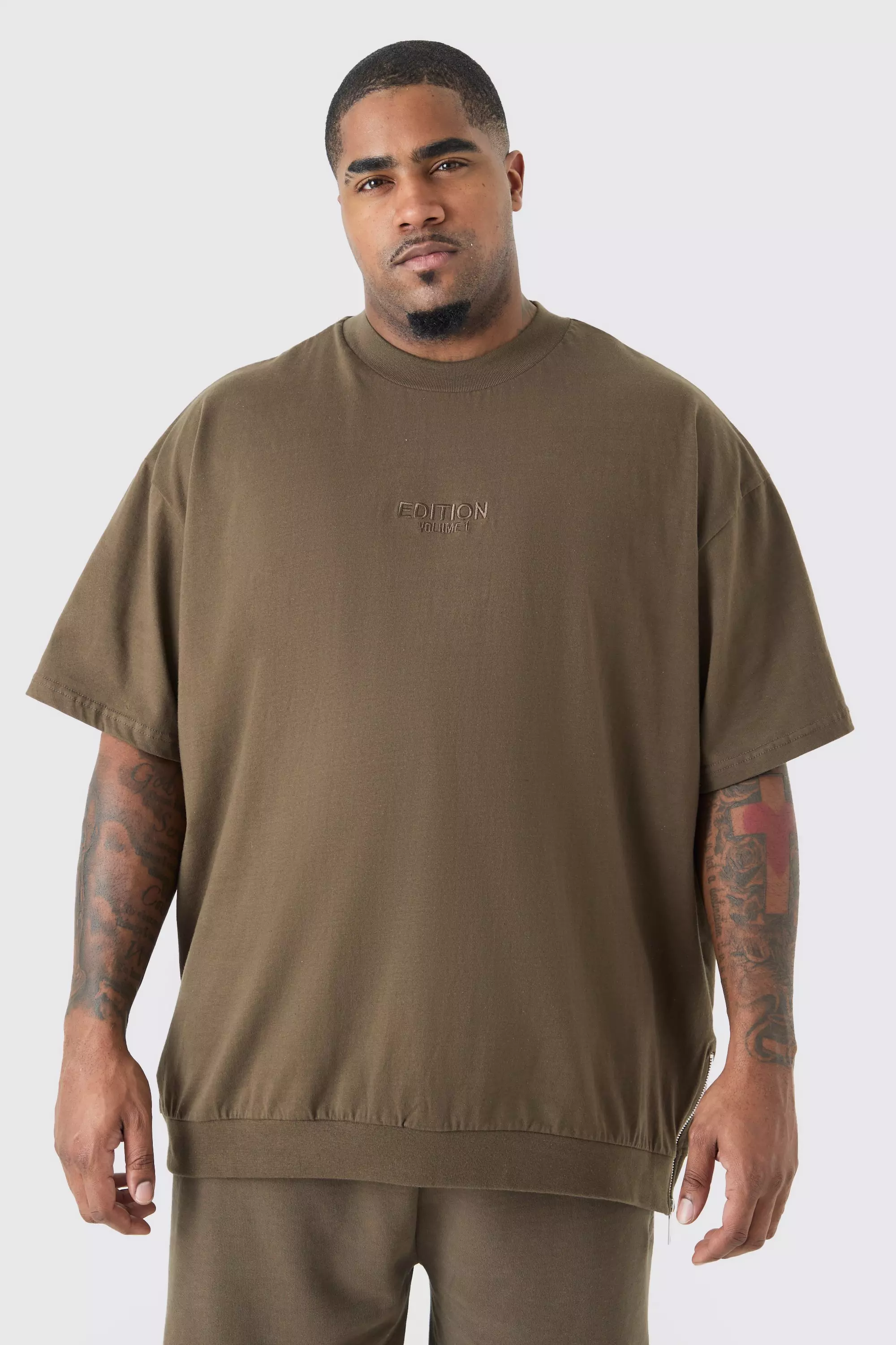 Chocolate Brown Plus Oversized Heavyweight Zip Hem T-shirt