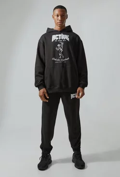 Man Active Oversized Graphic Hooded Tracksuit Black