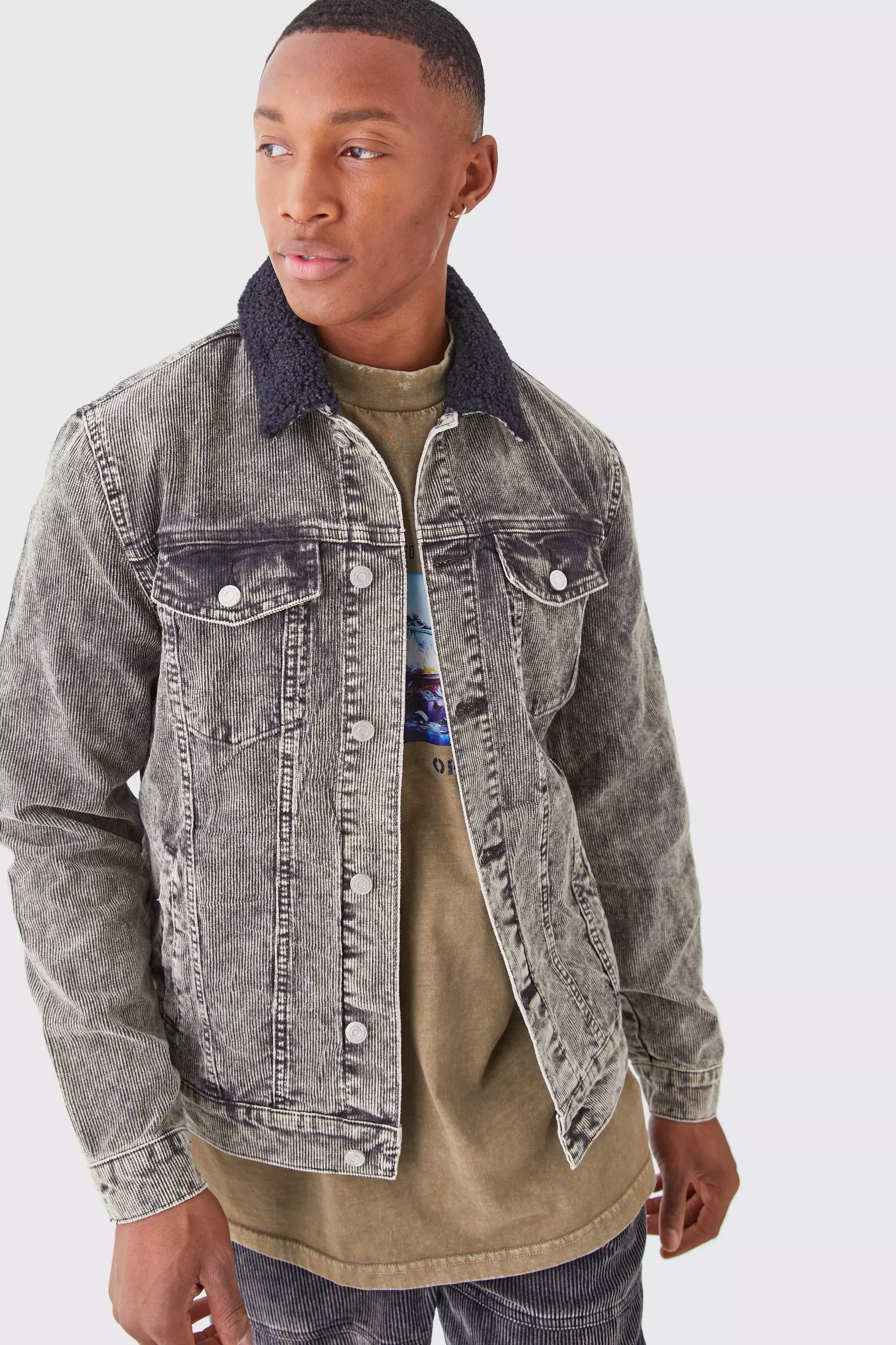 Acid Wash Cord Jacket With Borg Collar In Charcoal Charcoal