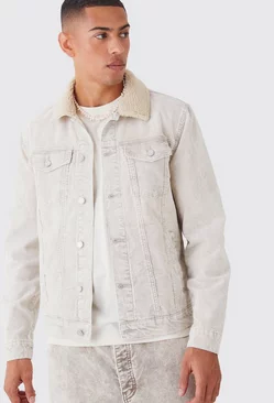 Beige Acid Wash Cord Jacket With Borg Collar In Stone