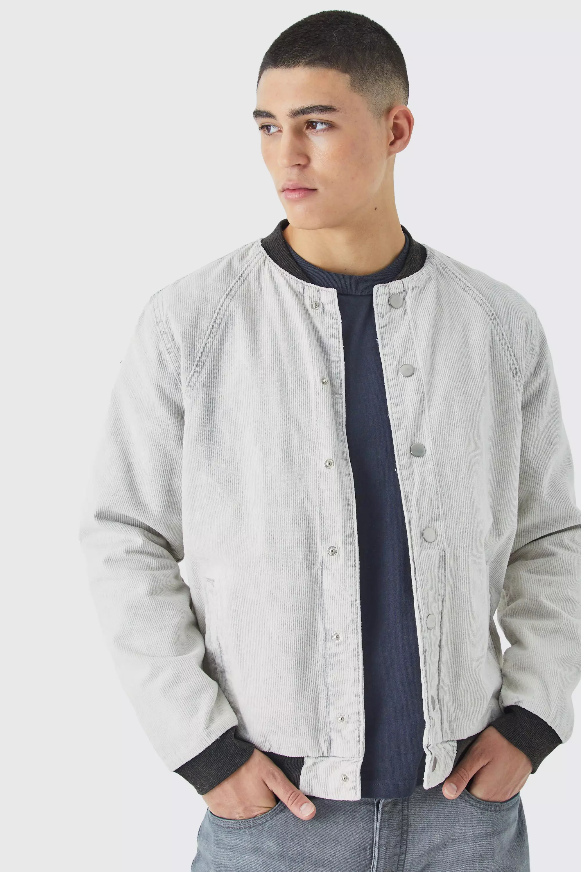 Cord Acid Wash Qulited Bomber Jacket In Light Grey Light grey