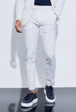 Beige Skinny Striped Suit Trousers