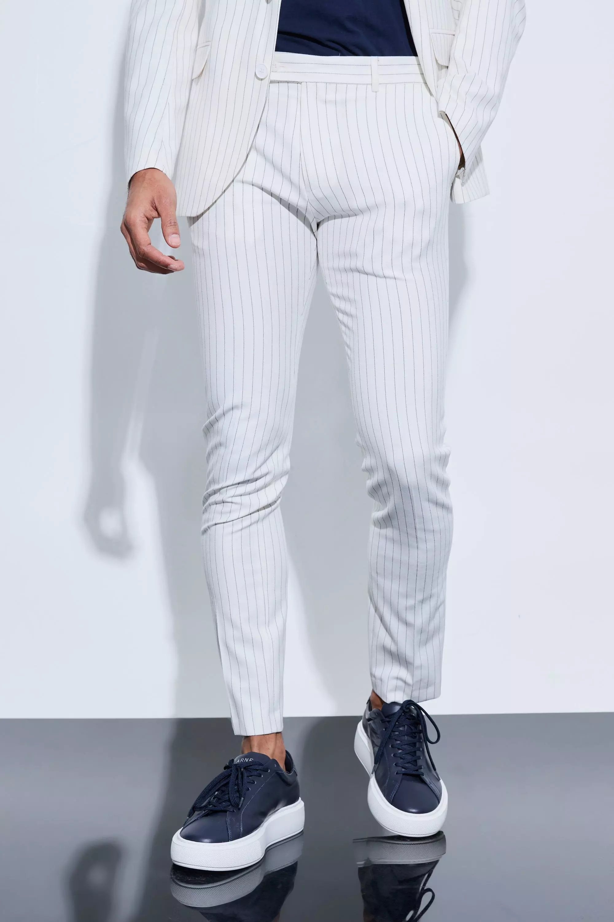 Beige Skinny Striped Suit Trousers