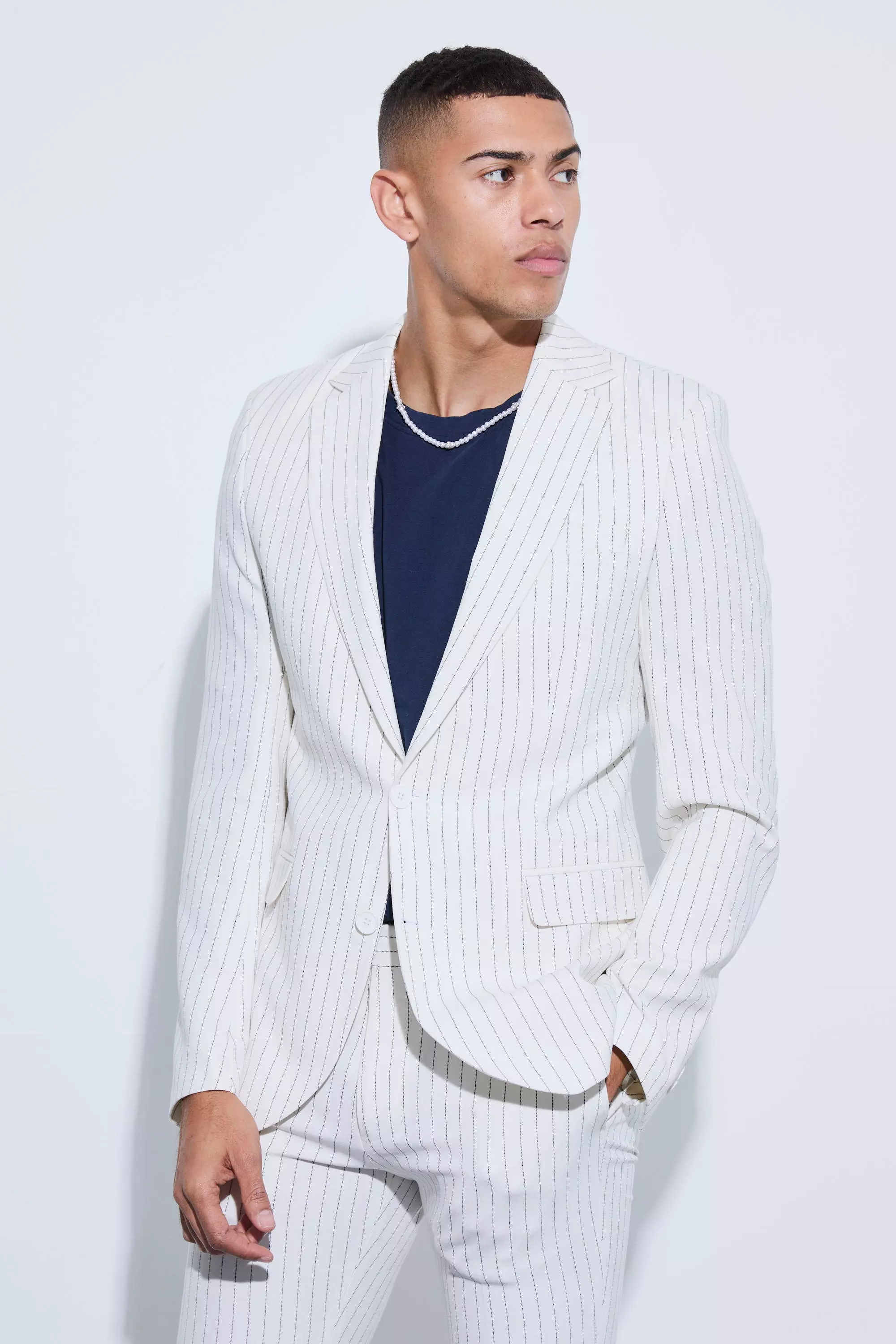 Skinny Single Breasted Striped Suit Jacket Beige
