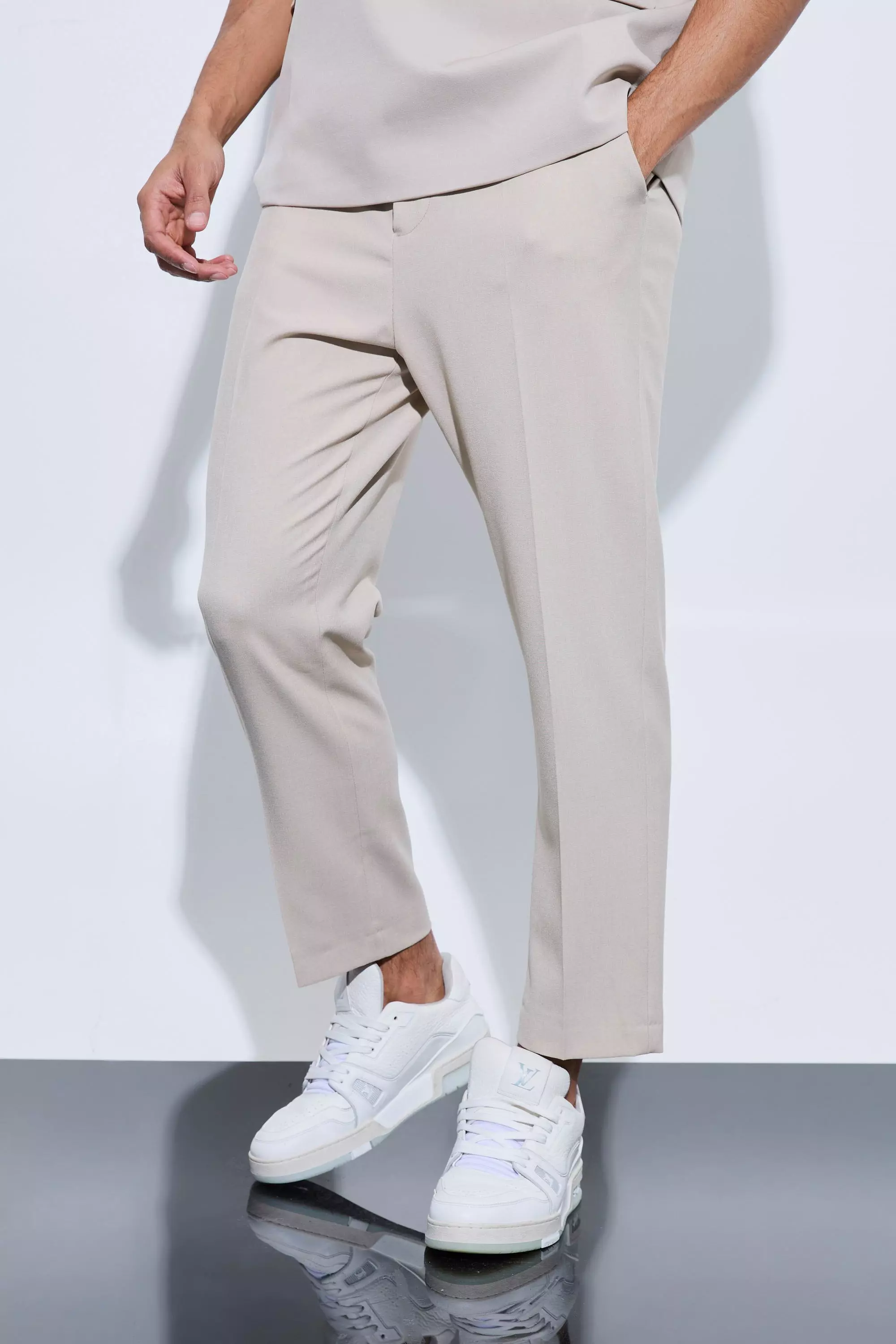 Tan Brown High Rise Tapered Crop Tailored Trousers