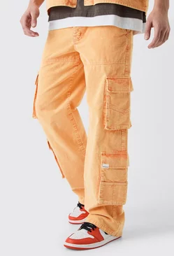 Baggy Multi Pocket Acid Wash Cord Trouser In Orange Orange