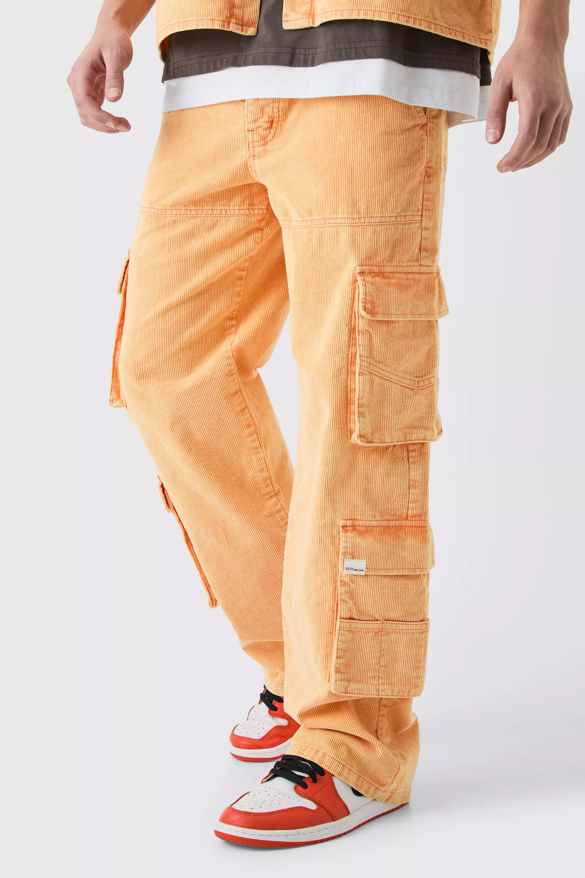 Baggy Multi Pocket Acid Wash Cord Trouser In Orange Orange