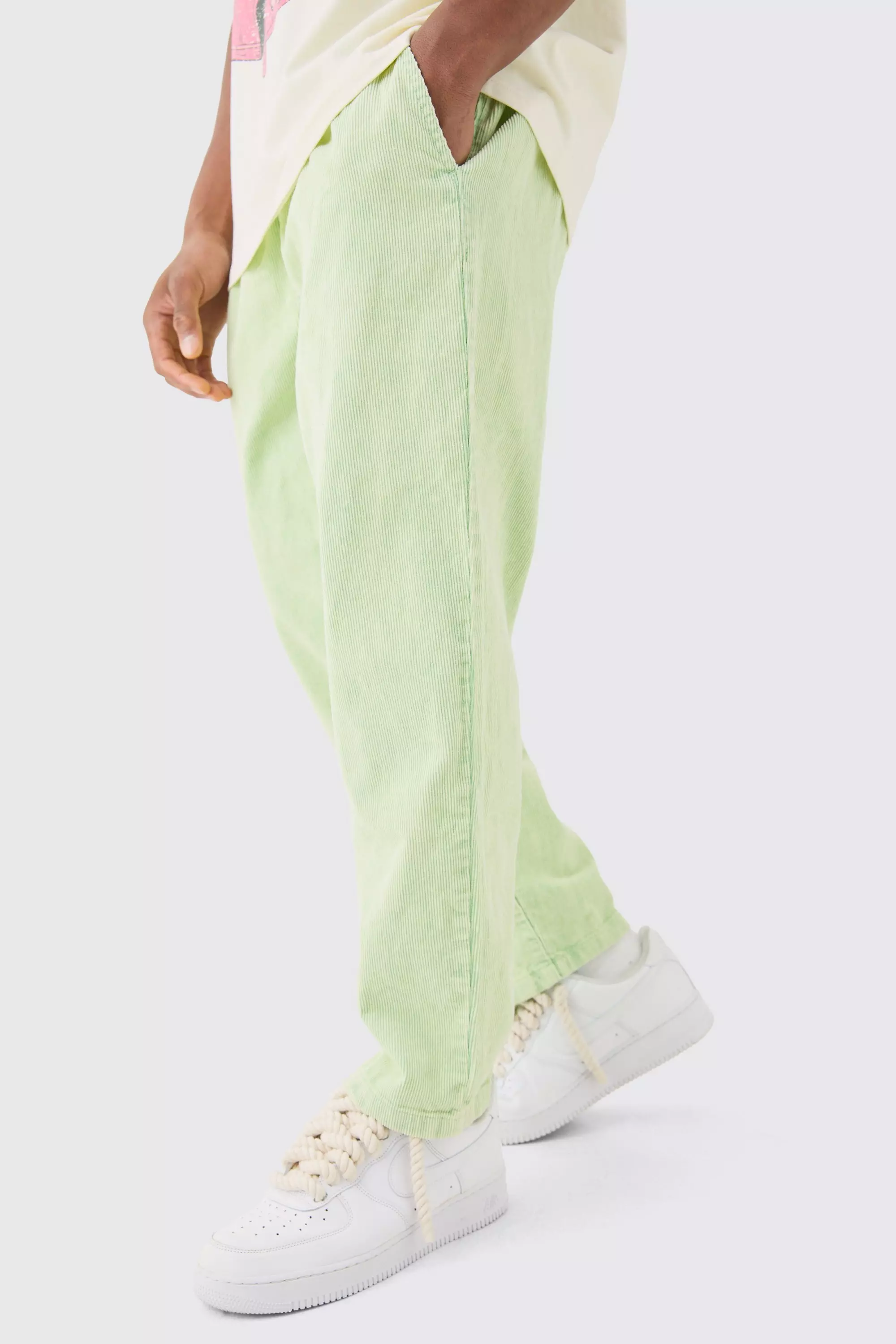 Green Elastic Waist Skate Cord Trouser In Sage