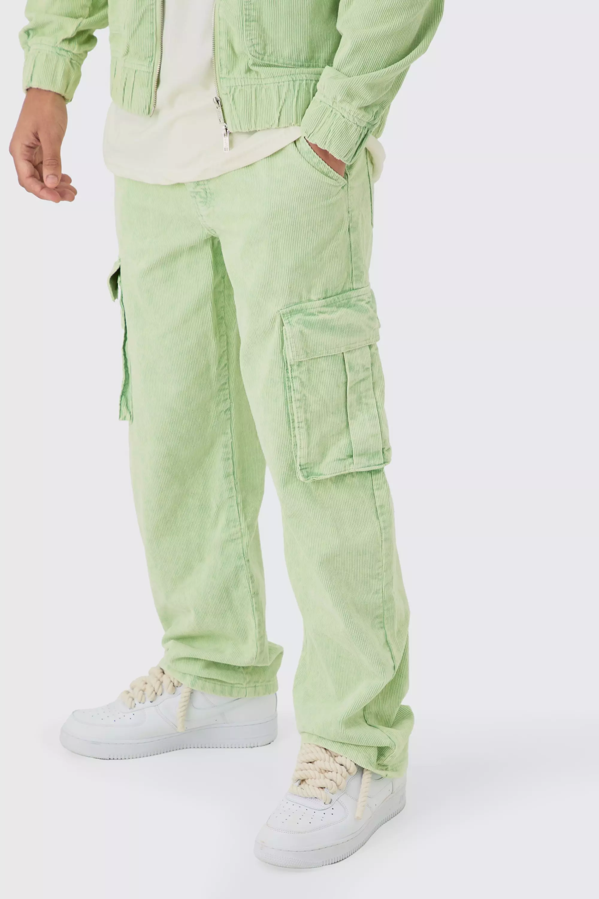 Green Relaxed Cargo Cord Trouser In Sage