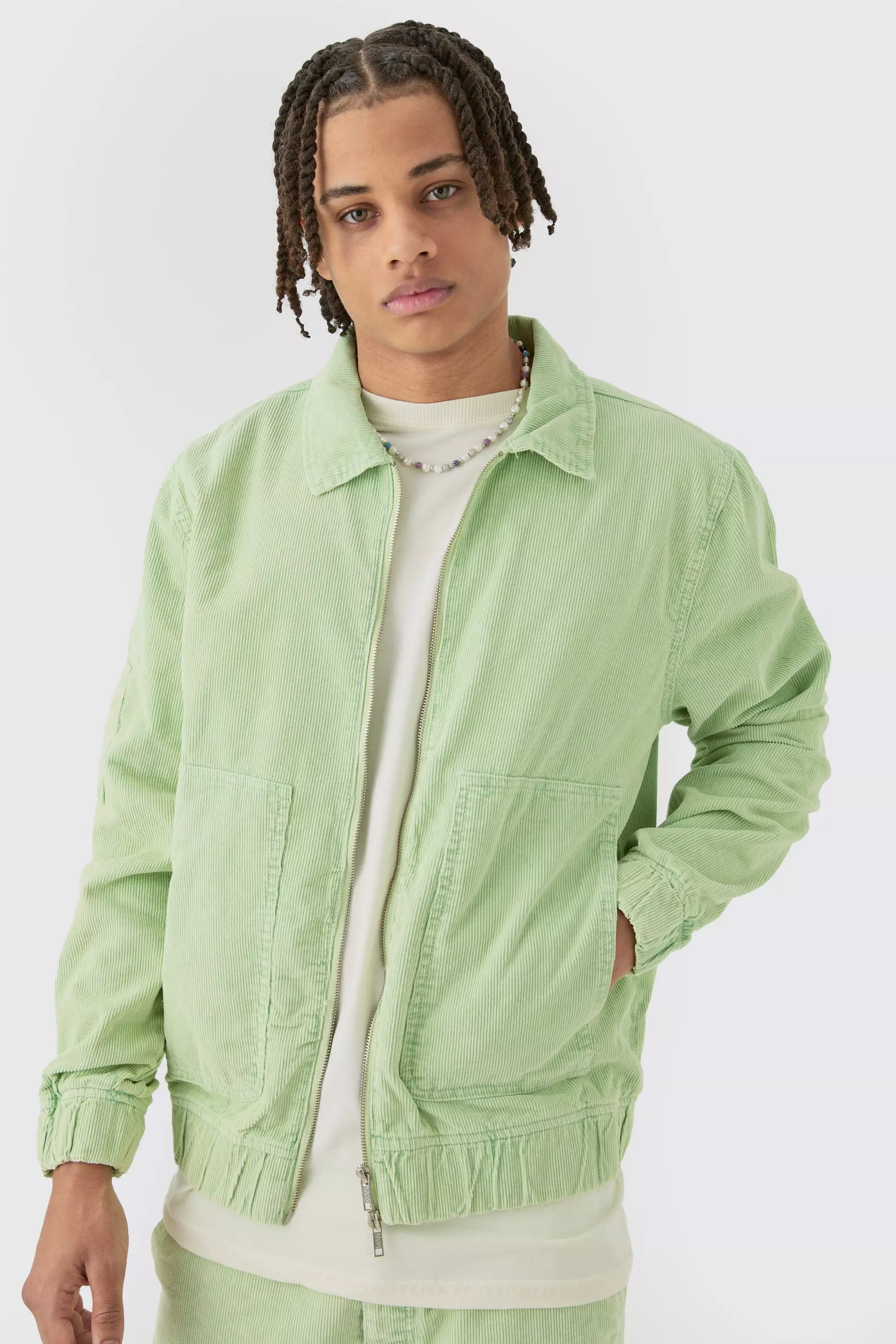 Acid Wash Cord Bomber In Sage Sage