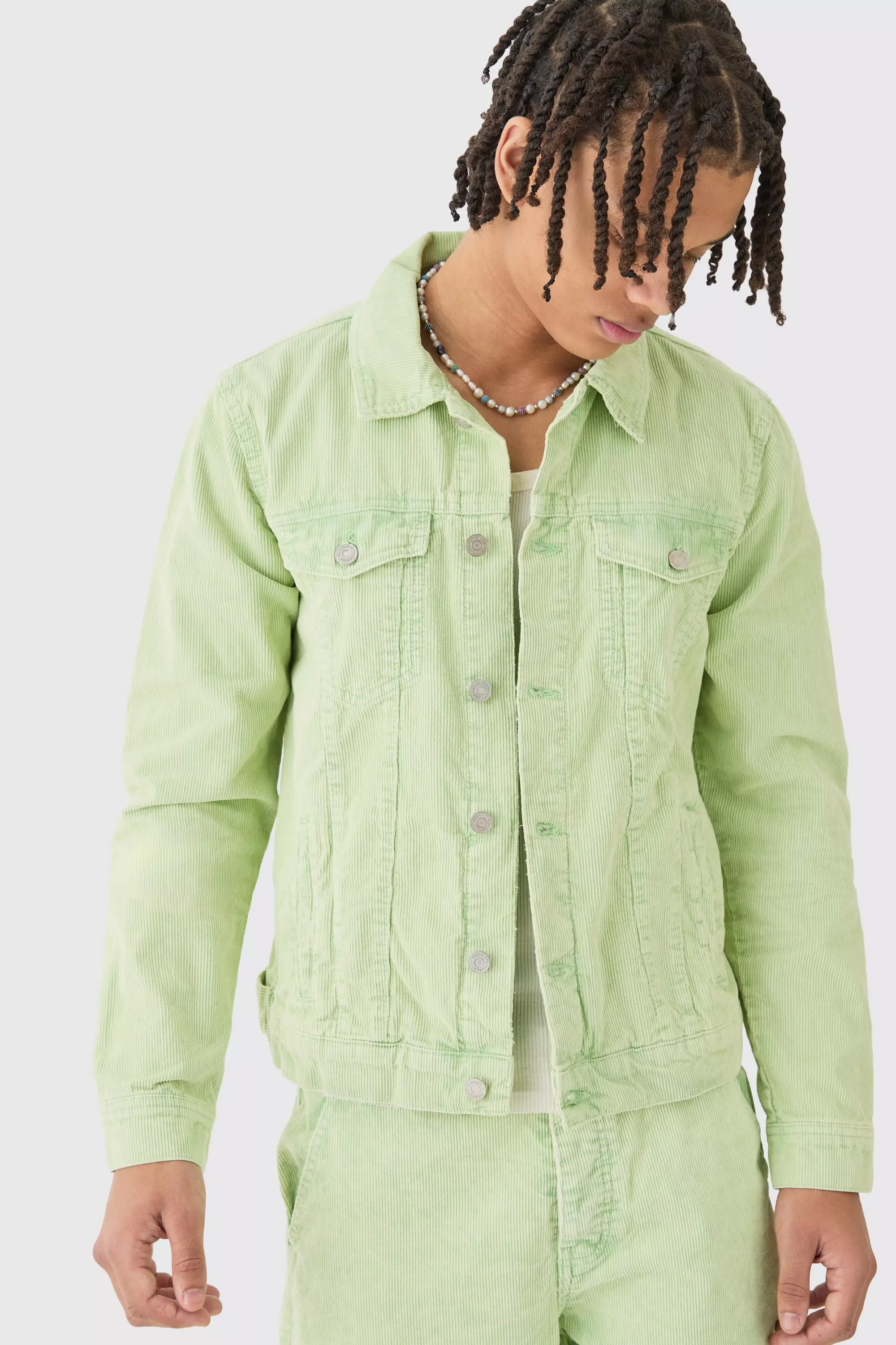 Green Boxy Cord Jacket In Sage