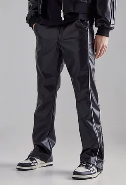 Black Pu Contrast Stipe Skinny Flared Trousers