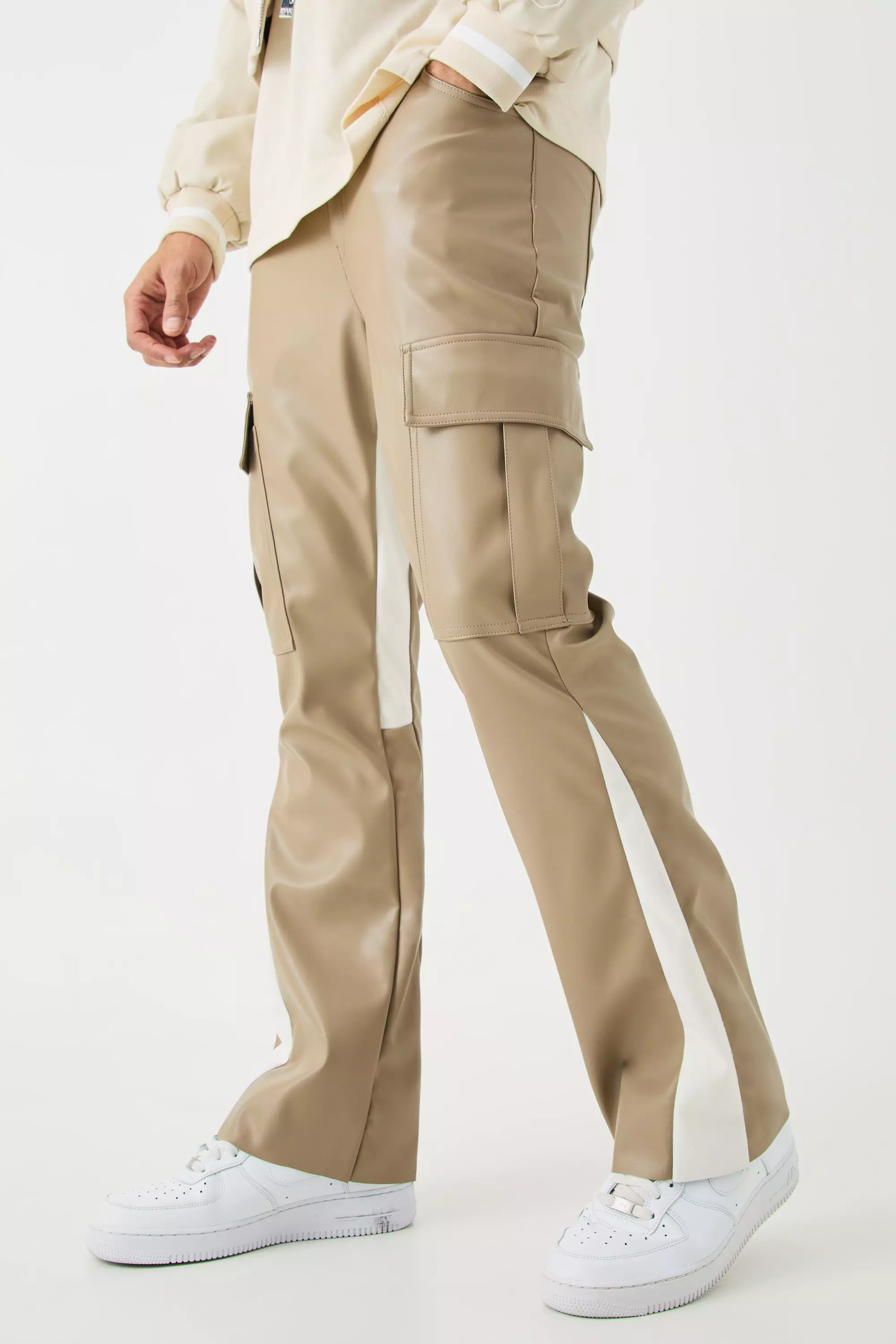 Taupe Beige Pu Gusset Detail Cargo Flared Trousers
