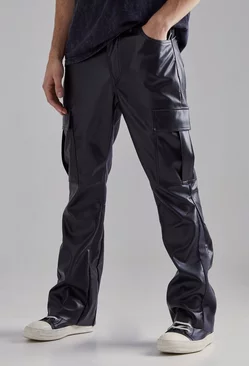 Black Pu Gusset Detail Cargo Flared Trousers