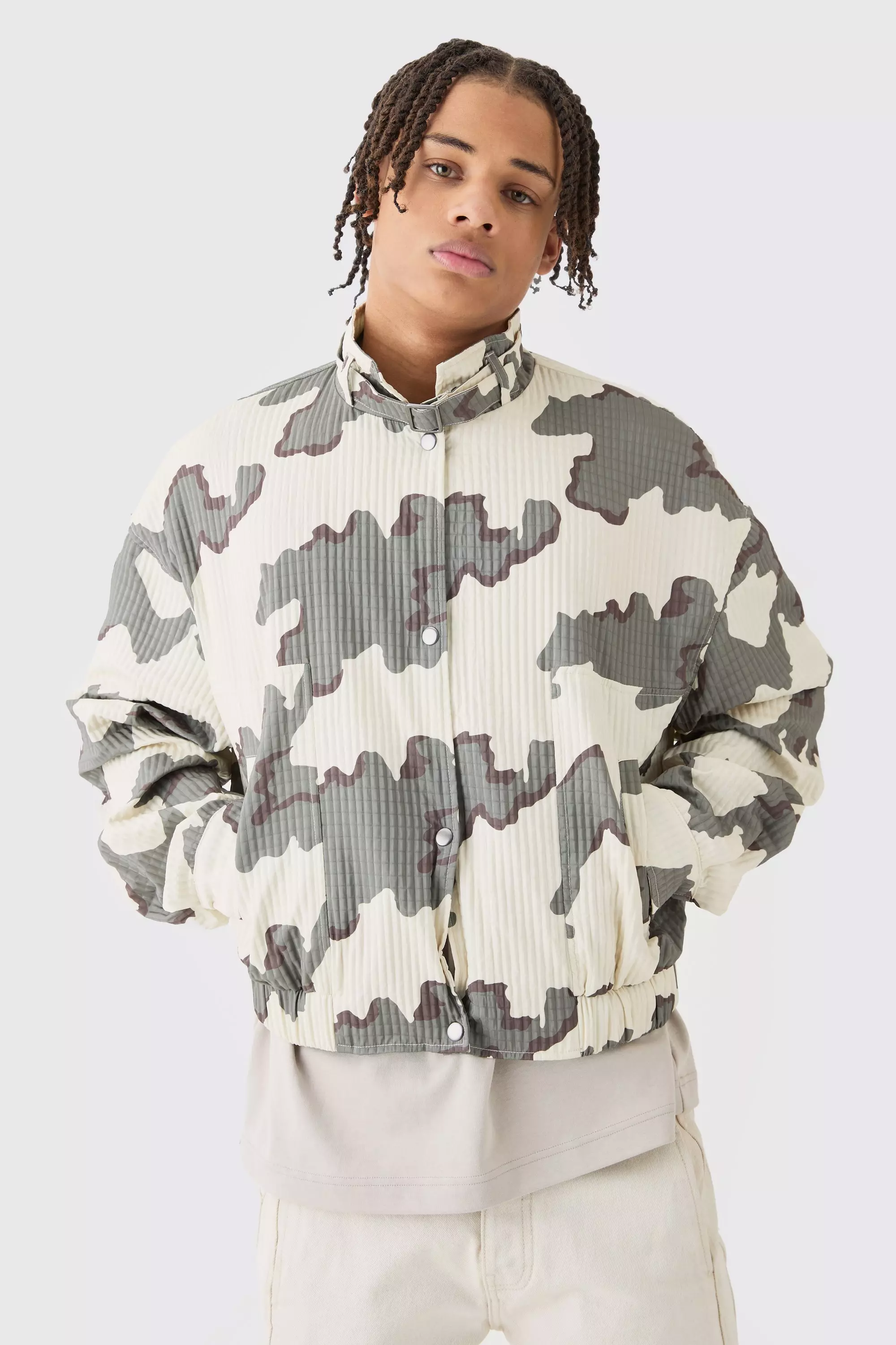 Micro Quilted Camo Strap Detail Bomber Beige