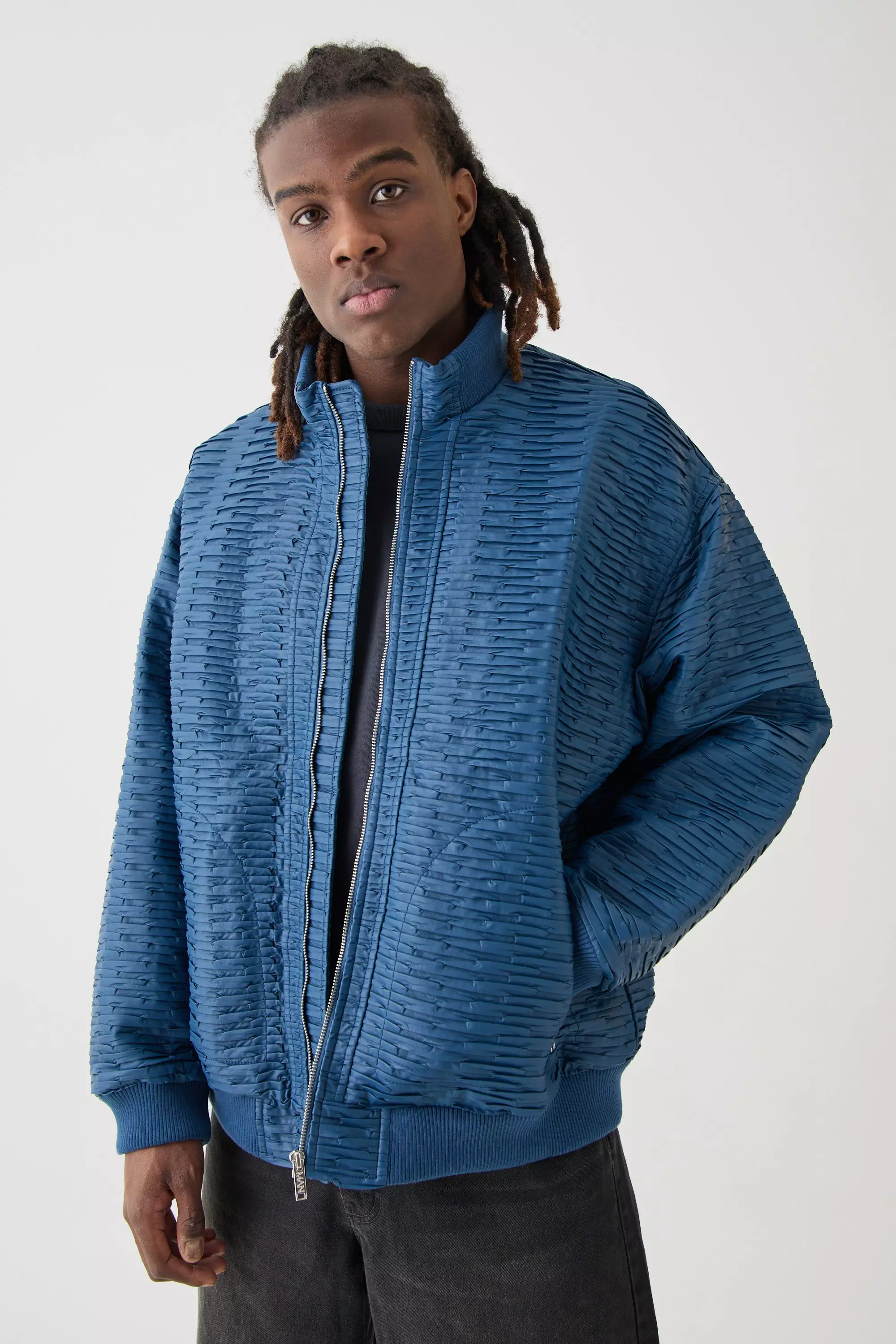 Blue Oversized Pleated Pu Bomber