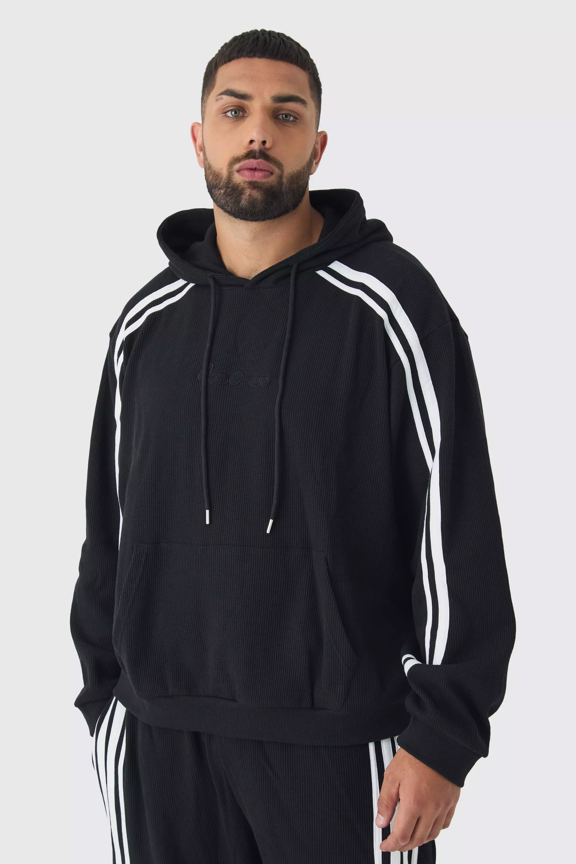 Black Plus Oversized Boxy Heavy Waffle Tape Hoodie