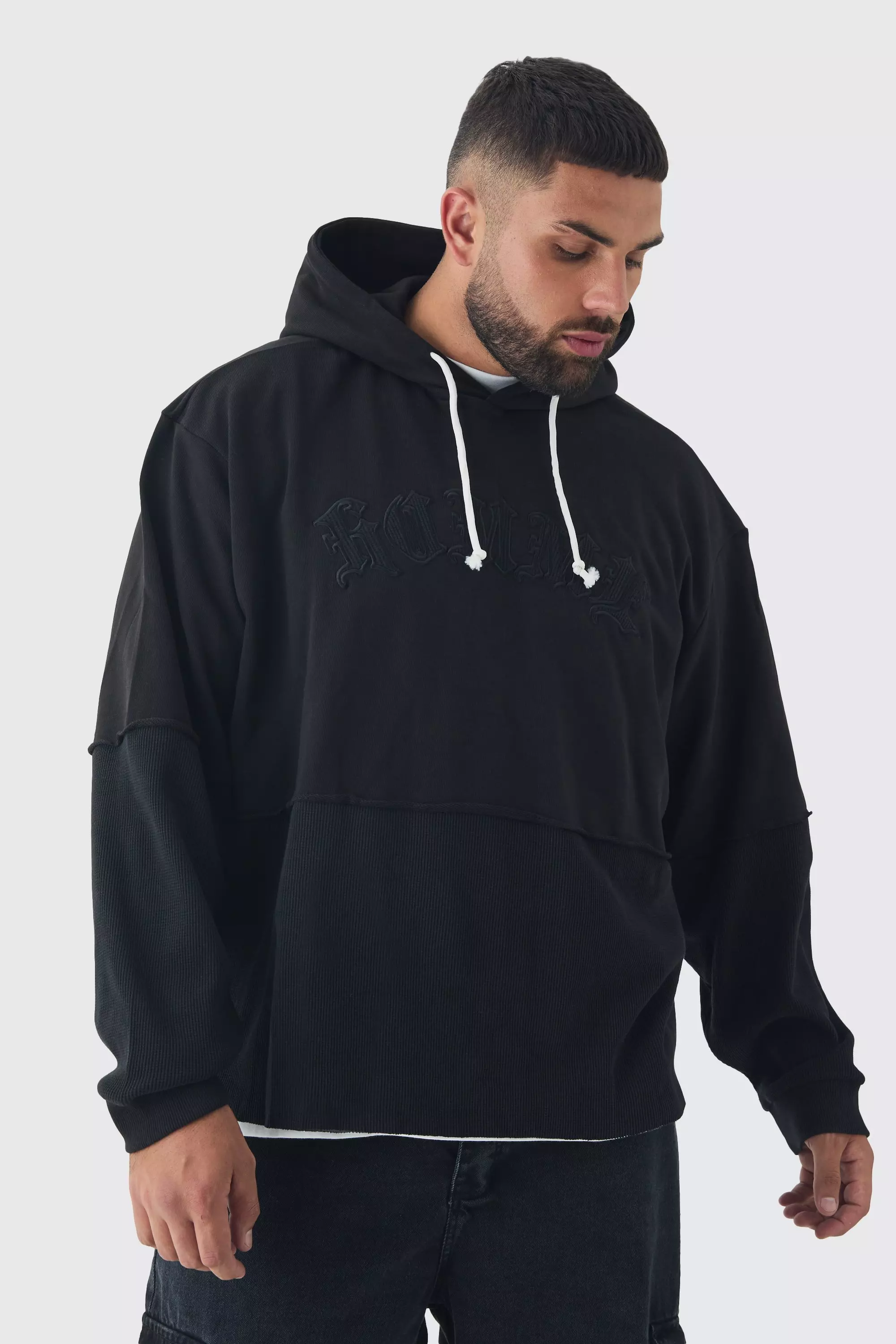 Plus Oversized Faux Layer Homme Waffle Hoodie Black