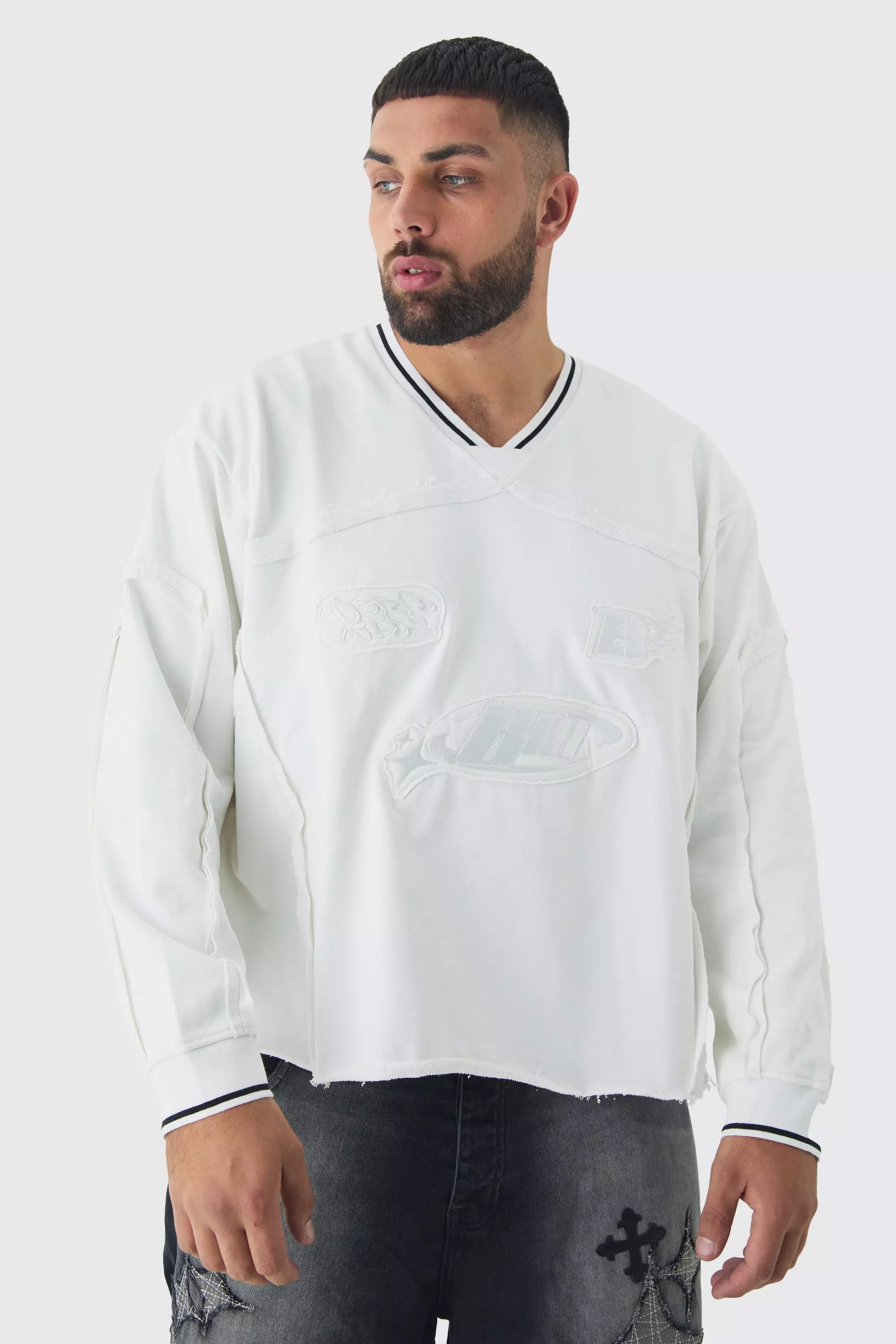 Plus Oversized Boxy Embroidered Sports Rib Sweatshirt White