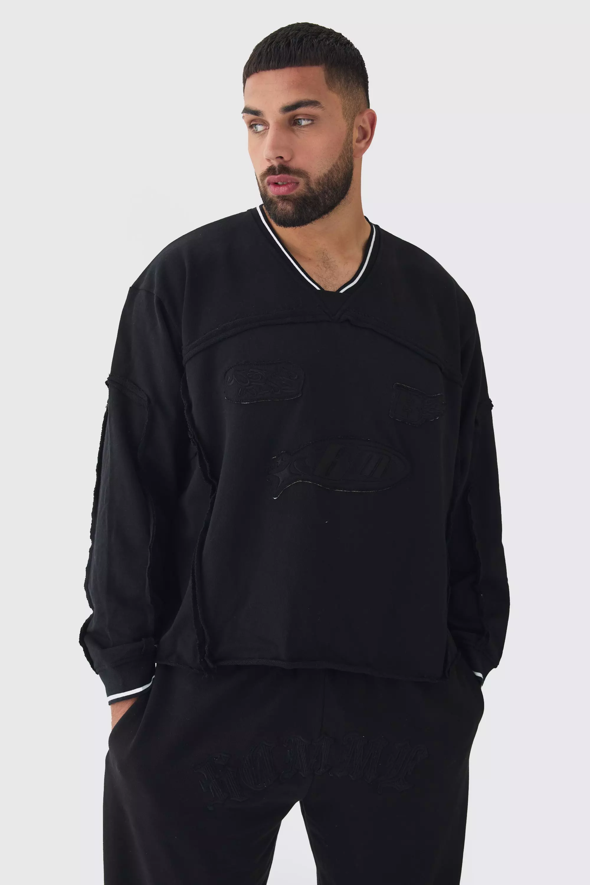 Black Plus Oversized Boxy Embroidered Sports Rib Sweatshirt